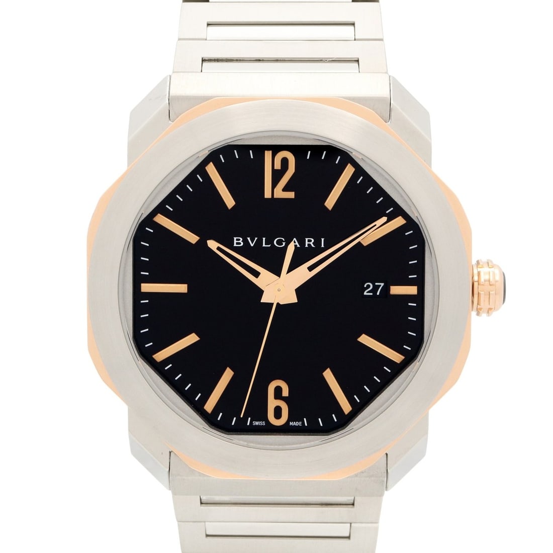 Bulgari BVLGARI Octo Watch, 18KPG (Pink Gold), Stainless Steel, Men's, Black, OCP41SG: --- Catalog ---Category: SizeWrist Size: 18.5cm / 7.28''Case Diameter: 41mm / 1.61''Category: DesignType: WristwatchGender: MenColor (Dial): BlackMaterial (Band): Pink gold (18K), Stainless steelMater