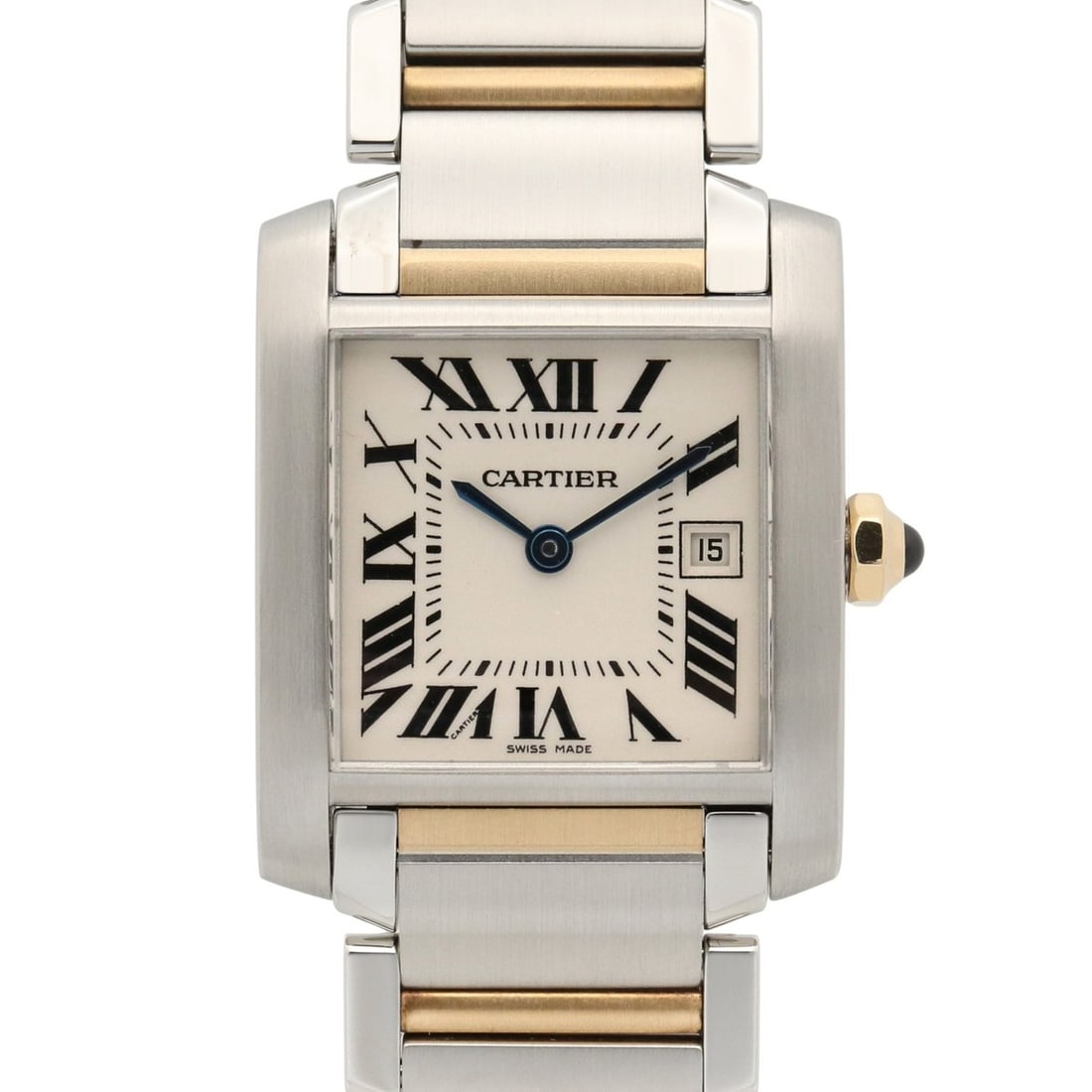 Cartier Tank Française MM Boys' Watch, 18K Yellow Gold, Stainless Steel, Silver Tone, W51012Q4: --- Catalog ---Category: SizeWrist Size: 18.5cm / 7.28''Case Diameter: 25mm / 0.98''Category: DesignType: WristwatchGender: MenColor (Dial): SilverMaterial (Band): Stainless steel, Yellow gold (18K)Ma