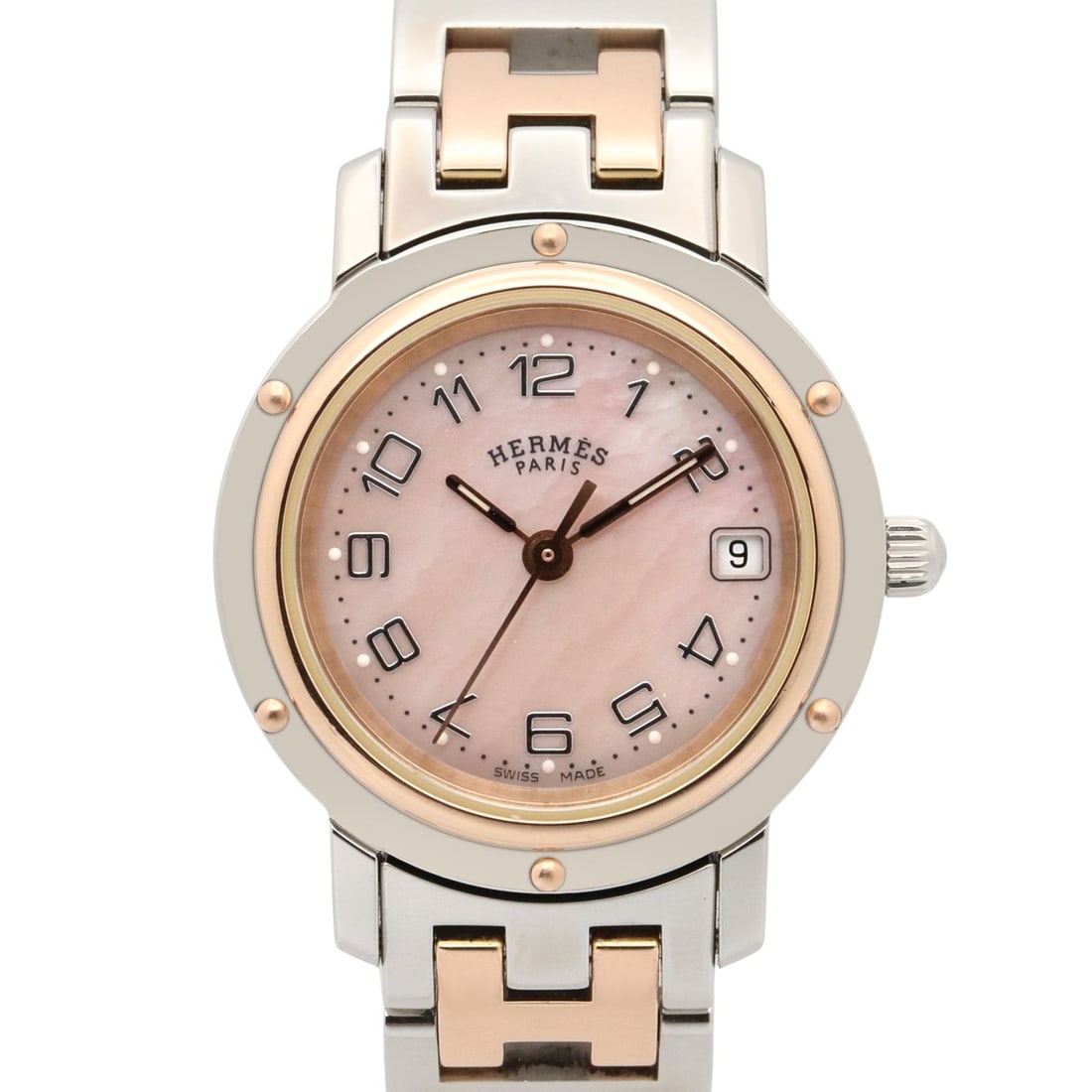 Hermes Clipper Nacre Watch, Stainless Steel with Pink Gold Plating (PGP), Ladies', Tones, Shell,: --- Catalog ---Category: SizeWrist Size: 14cm / 5.51''Case Diameter: 23.5mm / 0.93''Category: DesignType: WristwatchGender: WomenColor (Dial): Pink shellMaterial (Band): Pink gold plated, Stainless st