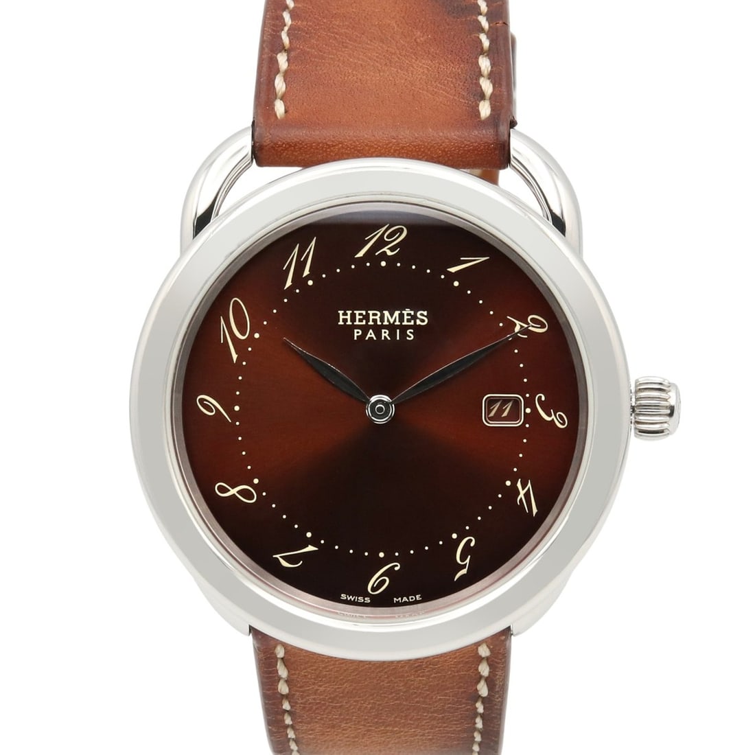 Hermes Arceau watch, stainless steel with leather strap, men's, brown, AR5.710: --- Catalog ---Category: SizeWrist Size: 16.5cm / 6.49''Case Diameter: 38mm / 1.5''Category: DesignType: WristwatchGender: MenColor (Dial): BrownMaterial (Band): LeatherMaterial (Case): Stainless stee