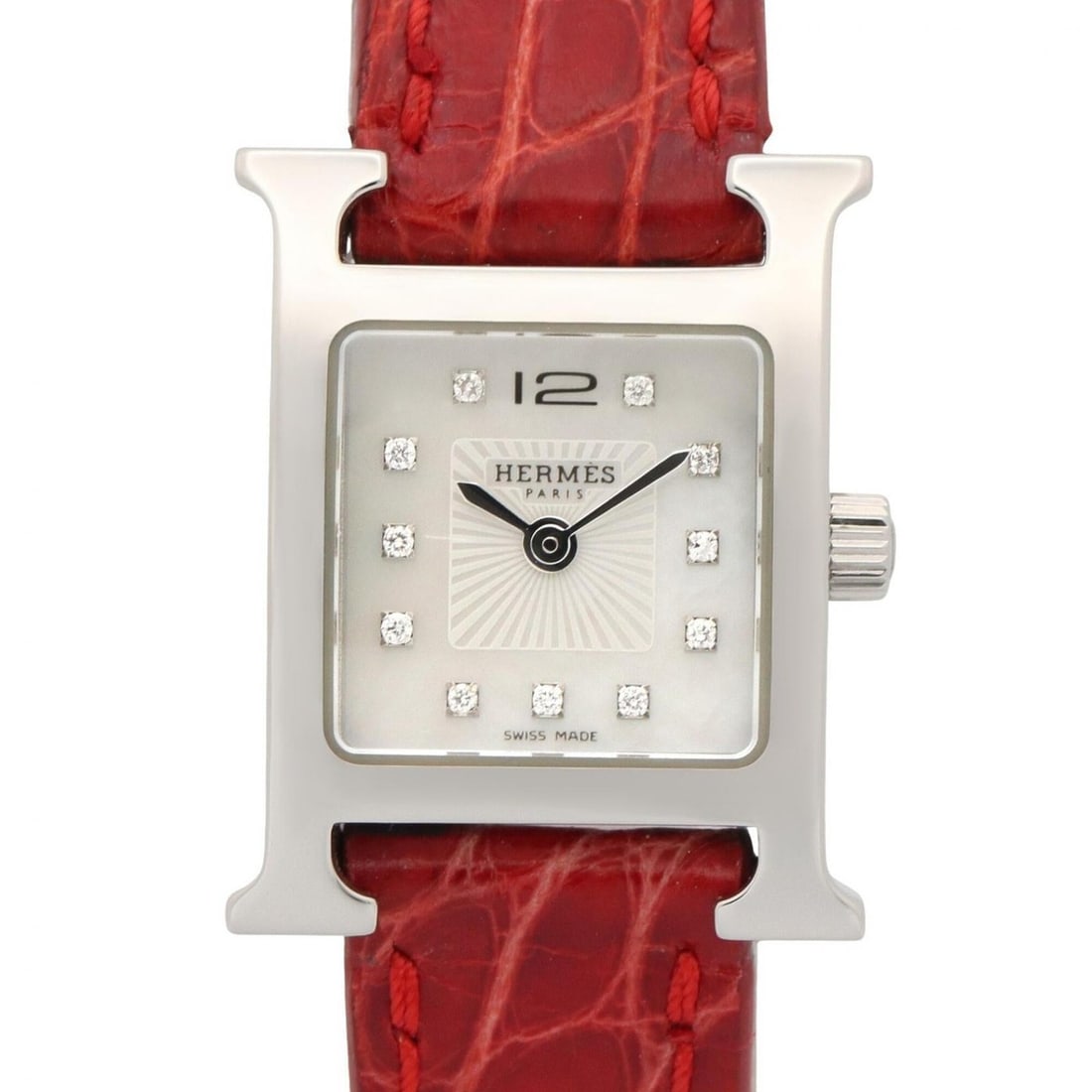 Hermes H-Watch Mini White Shell Wristwatch, Stainless Steel, Diamond, Leather Strap, Women's,: --- Catalog ---Category: SizeWrist Size: 15cm / 5.9''Case Diameter: 17mm / 0.67''Category: DesignType: WristwatchGender: WomenColor (Dial): WhiteMaterial (Band): LeatherMaterial (Case): Stainless stee