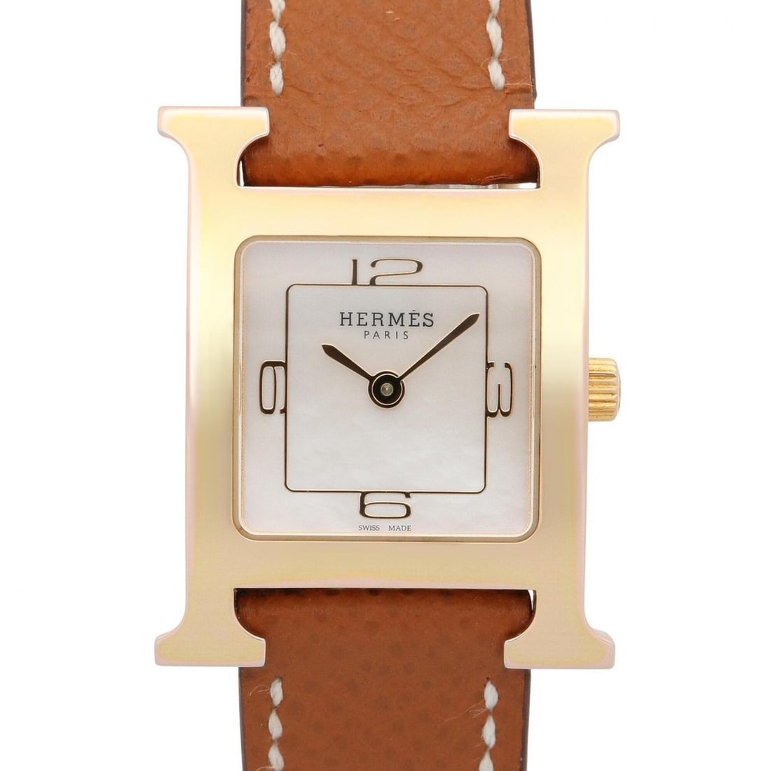 Hermes H-Watch White Shell Wristwatch, Gold Plated Leather Strap, Women's, (HH1.202c) (1 of 20)