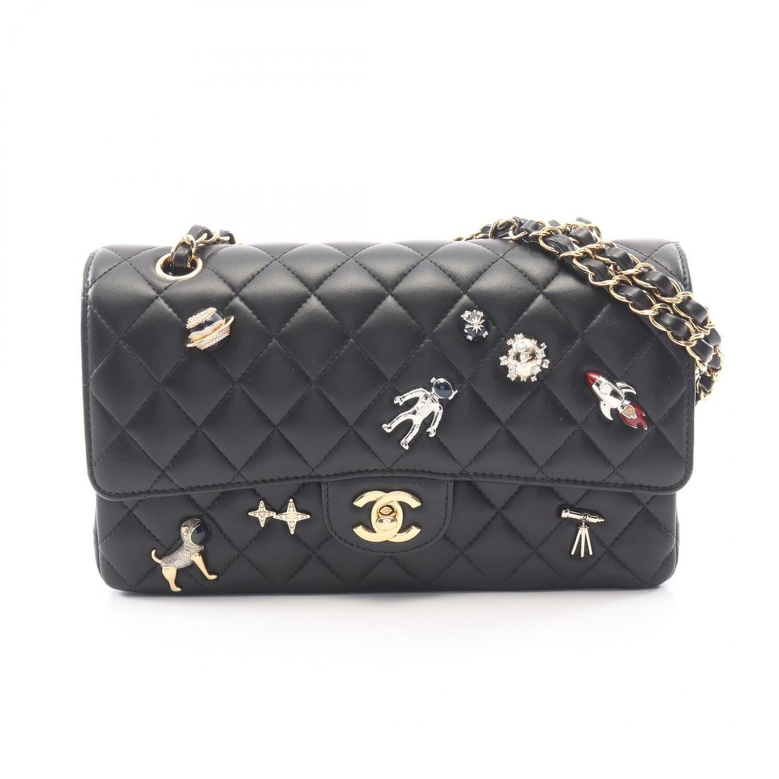 Chanel Matelassé Double Flap Shoulder Bag/Handbag with Space Icon, Lambskin Leather, Women's, Black: --- Catalog ---Category: SizeSize (HxWxD): 16cm x 25cm x 6.5cm / 6.29'' x 9.84'' x 2.55''Category: DesignType: Handbag, Shoulder bagColor: BlackGender: WomenMaterial: Leather Hardware Color: GoldLeath