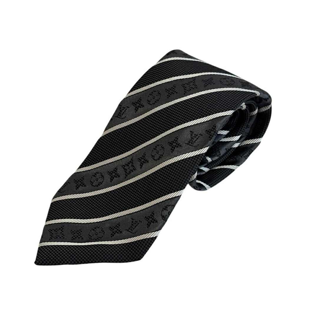 LOUIS VUITTON Monogram Stripe Tie, Gray: --- Catalog ---Category: SizeWidth: 9cm / 3.54''Total Length: 154cm / 60.62''Category: DesignType: CravatColor: Gray, WhiteStyle: Business, FormalGender: MenMaterial: Silk Category: GeneralBrand: Loui