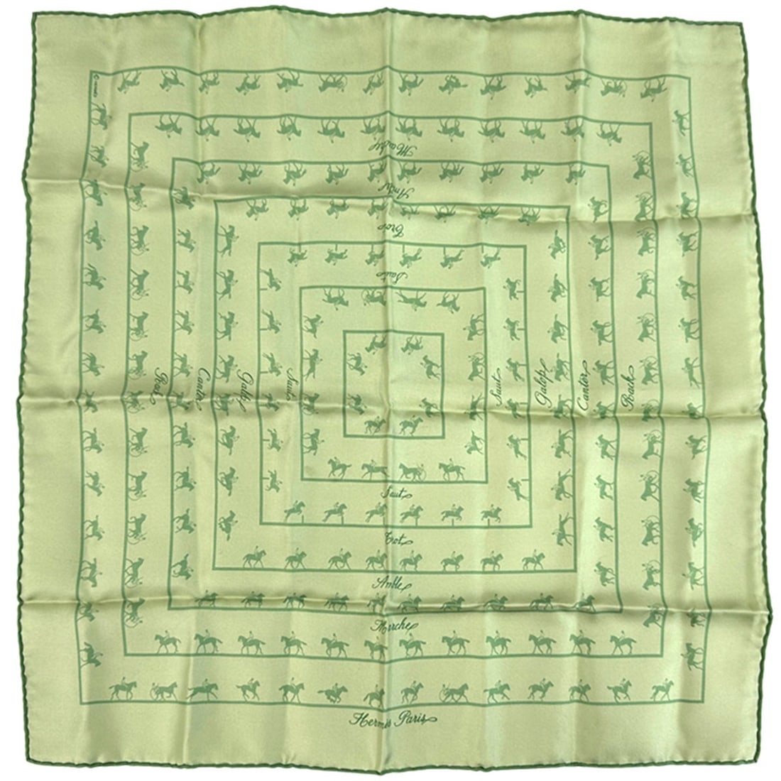 Hermes scarf/muffler, Carre 40, Saut Galop Canter Rack, equestrian/horse riding, women's, brand,: --- Catalog ---Category: SizeSize (LxW): 40cm x 40cm / 15.74'' x 15.74''Category: DesignType: ScarfColor: GreenGender: WomenMaterial: Silk Category: GeneralBrand: HermesCountry of Origin: France--- It