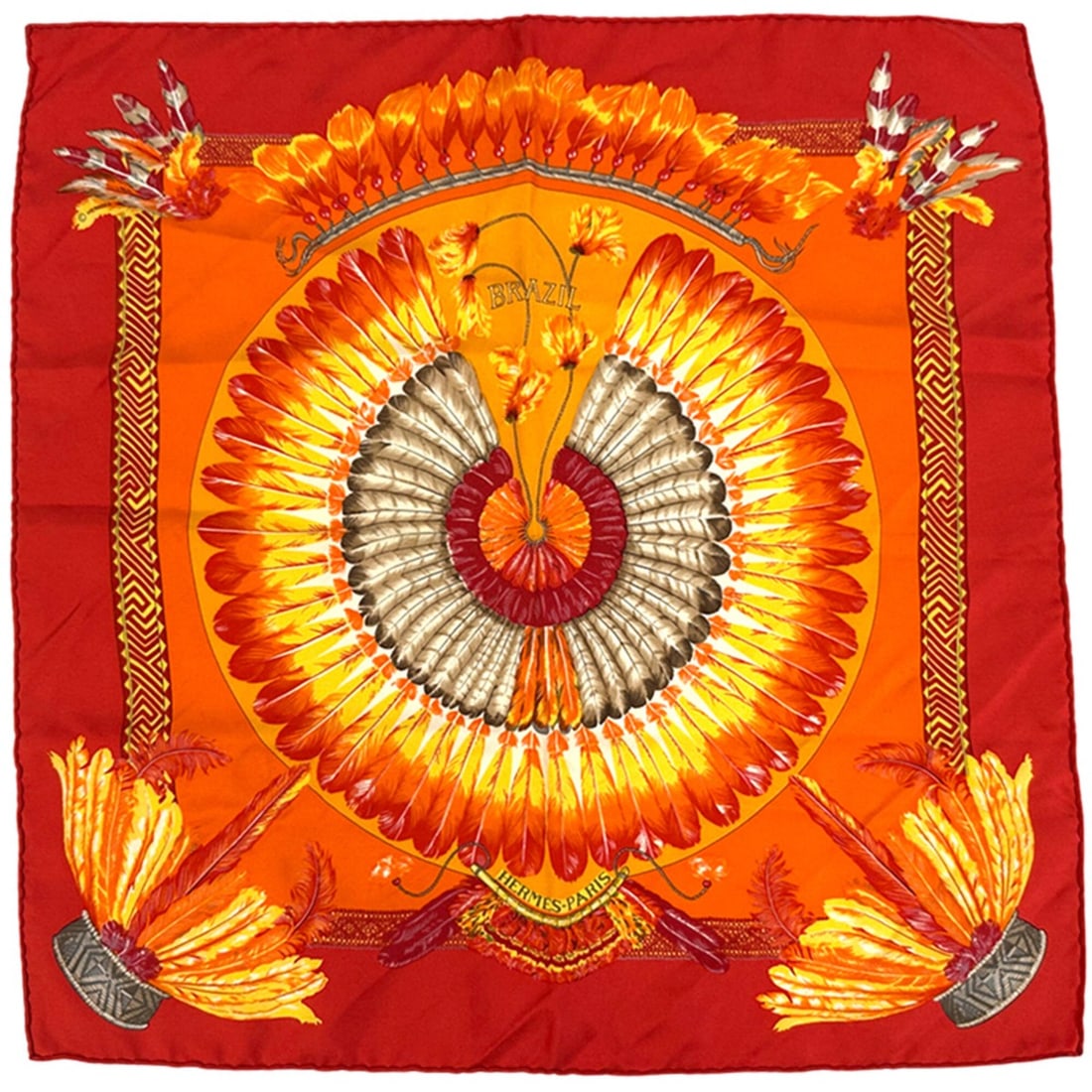 Hermes scarf/muffler, Petit Carré BRAZIL, women's, brand, silk, red, orange, feather.: --- Catalog ---Category: SizeSize (LxW): 42cm x 42cm / 16.53'' x 16.53''Category: DesignType: ScarfColor: Orange, Red colorGender: WomenMaterial: Silk Category: GeneralBrand: Hermes--- Item List ---Se