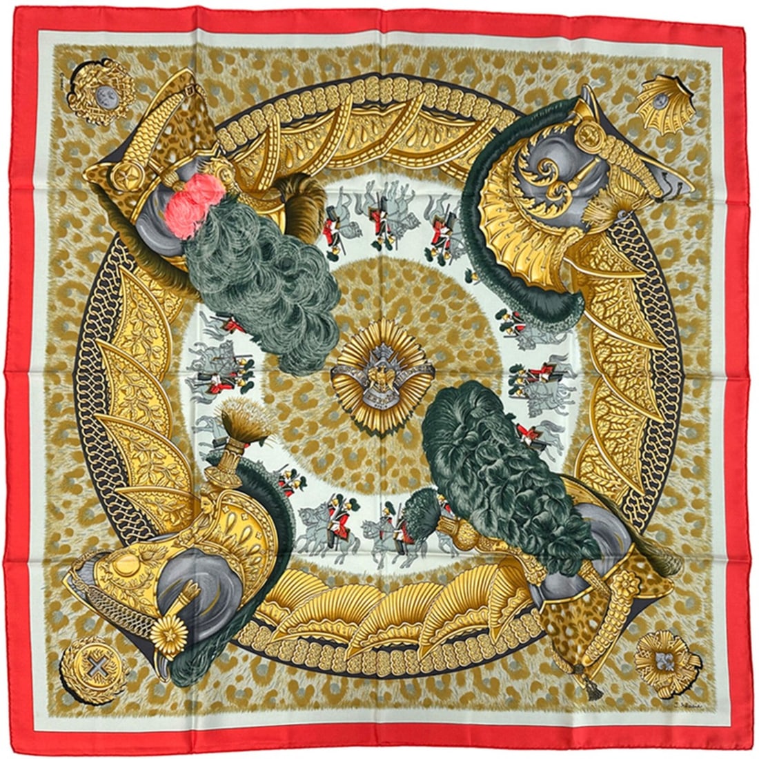 Hermes scarf/muffler, Carre 90, CASQUES et PLUMETS (Helmets without Faces), women's, silk, red,: --- Catalog ---Category: SizeSize (LxW): 90cm x 90cm / 35.43'' x 35.43''Category: DesignType: ScarfColor: Multi-color, Red color, YellowGender: WomenMaterial: Silk Category: GeneralBrand: HermesCountr