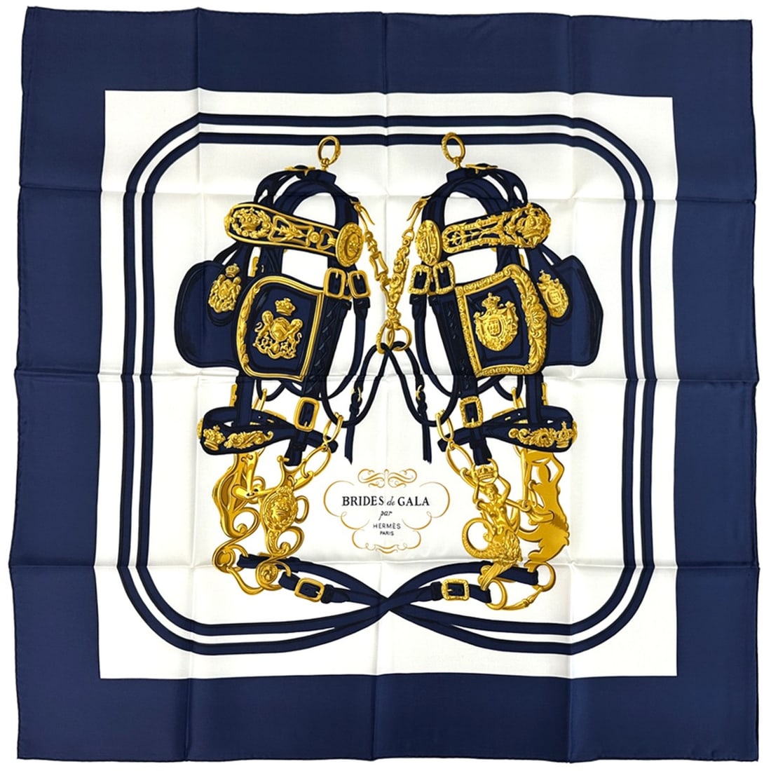 Hermes scarf/muffler, Carre 90, BRIDES de GALA (ceremonial horse bridle), women's, brand, silk,: --- Catalog ---Category: SizeSize (LxW): 90cm x 90cm / 35.43'' x 35.43''Category: DesignType: ScarfColor: NavyGender: WomenMaterial: Silk Category: GeneralBrand: HermesCountry of Origin: France--- Ite