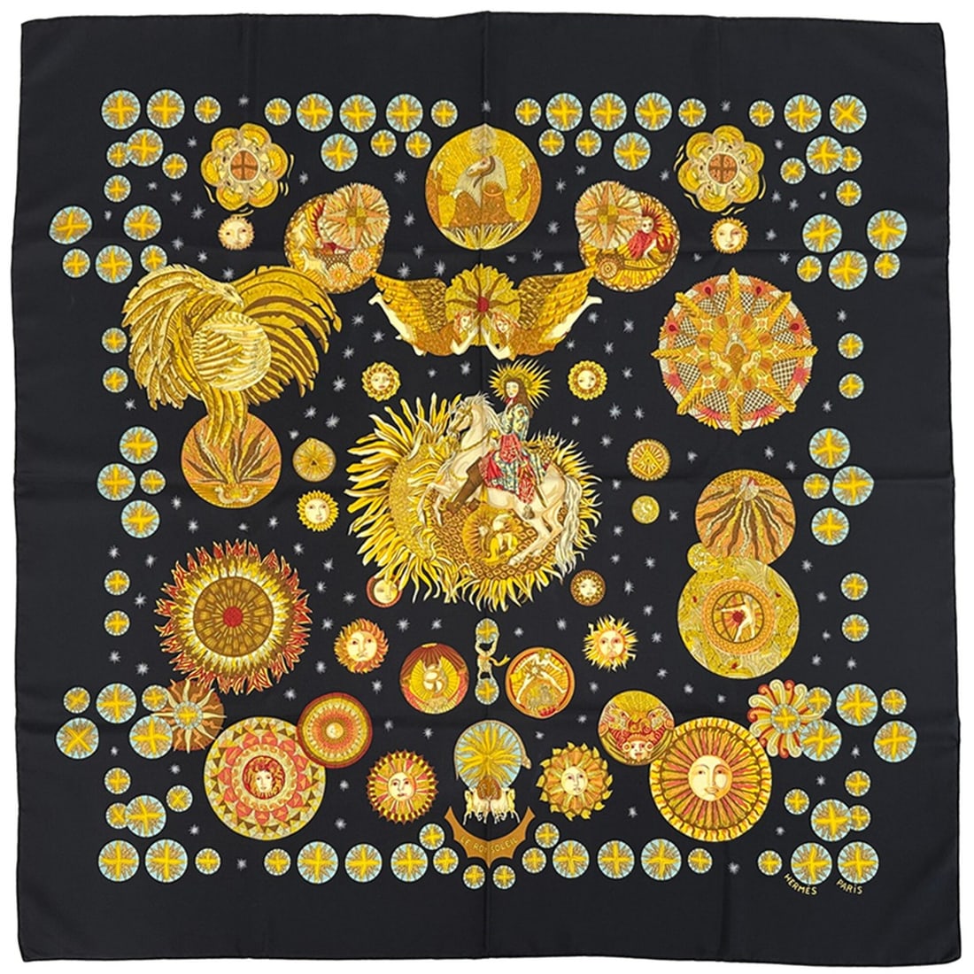 Hermes scarf/muffler, Carre 90, LE ROY SOLEIL (Sun King), women's, brand, silk, black, yellow,: --- Catalog ---Category: SizeSize (LxW): 90cm x 90cm / 35.43'' x 35.43''Category: DesignType: ScarfColor: Black, Multi-color, YellowGender: WomenMaterial: Silk Category: GeneralBrand: HermesCountry of