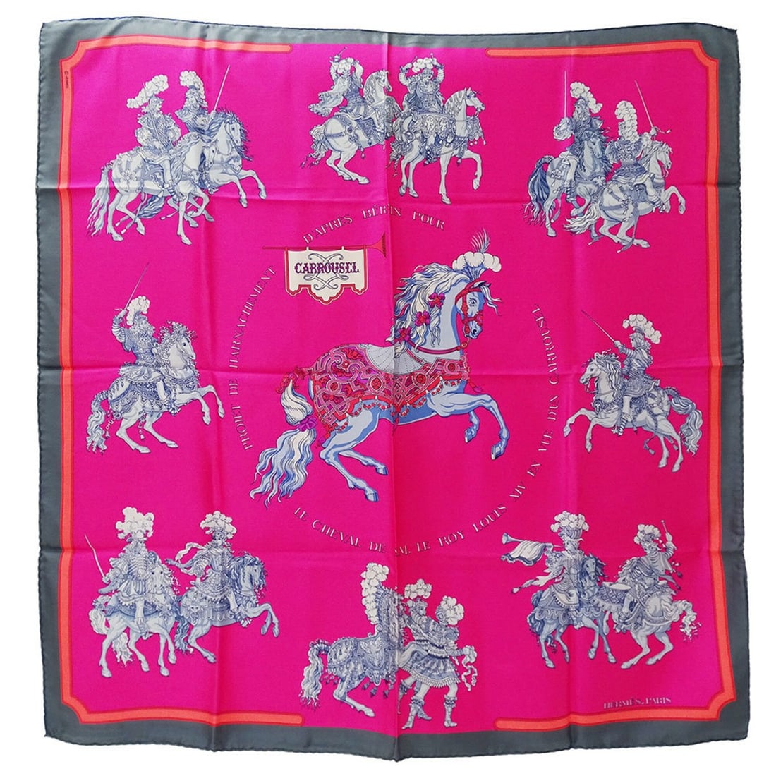 Hermes scarf/muffler, Carre 90, Carrousel, merry-go-round design, women's, silk, pink, horse motif.: --- Catalog ---Category: SizeSize (LxW): 89cm x 89cm / 35.03'' x 35.03''Category: DesignType: ScarfColor: PinkGender: WomenMaterial: Silk Category: GeneralBrand: HermesCountry of Origin: France--- Ite