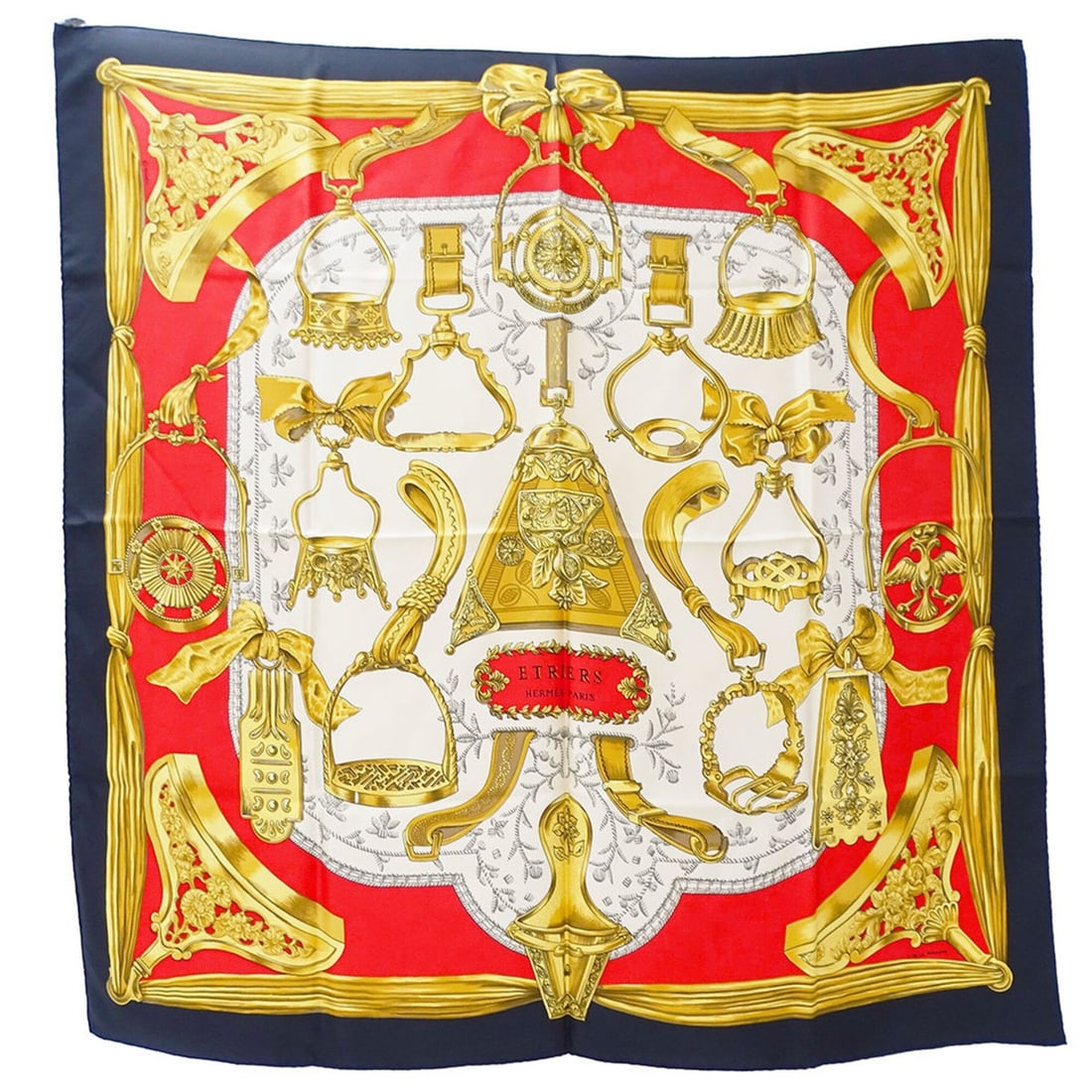 Hermes scarf/muffler, Carre 90, ETRIERS design, women's, silk, black and gold, equestrian, elegant.: --- Catalog ---Category: SizeSize (LxW): 89cm x 89cm / 35.03'' x 35.03''Category: DesignType: ScarfColor: BlackGender: WomenMaterial: Silk Category: GeneralBrand: HermesCountry of Origin: France--- It