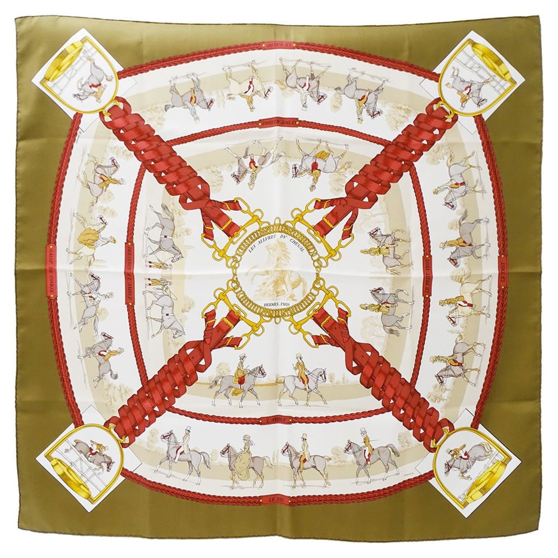 Hermes scarf/muffler, Carre 90, "LES ALLURES DU CHEVAL" (The Horse's Gait), women's, silk, brown,: --- Catalog ---Category: SizeSize (LxW): 90cm x 90cm / 35.43'' x 35.43''Category: DesignType: ScarfColor: BrownGender: WomenMaterial: Silk Category: GeneralBrand: HermesCountry of Origin: France--- It