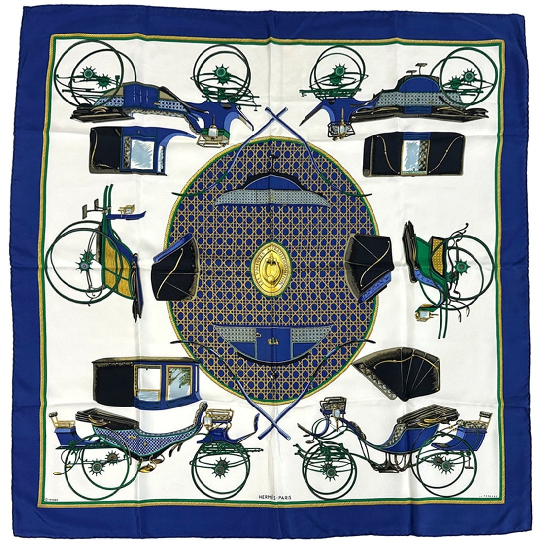 Hermes scarf/muffler, Carre 90, "LES VOIYURES A TRANSFORMATION" (Folding Carriage), women's, silk,: --- Catalog ---Category: SizeSize (LxW): 90cm x 90cm / 35.43'' x 35.43''Category: DesignType: ScarfColor: Blue, Multi-colorGender: WomenMaterial: Silk Category: GeneralBrand: HermesCountry of Origin: 
