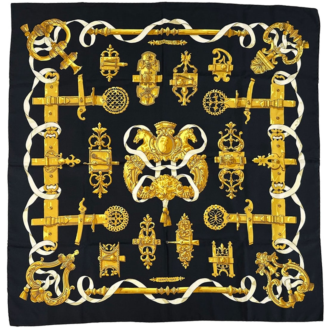 Hermes scarf/muffler, Carre 90, Ferronnerie, ironwork, women's, brand, silk, black, yellow,: --- Catalog ---Category: SizeSize (LxW): 90cm x 90cm / 35.43'' x 35.43''Category: DesignType: ScarfColor: Black, Multi-color, YellowGender: WomenMaterial: Silk Category: GeneralBrand: HermesCountry of