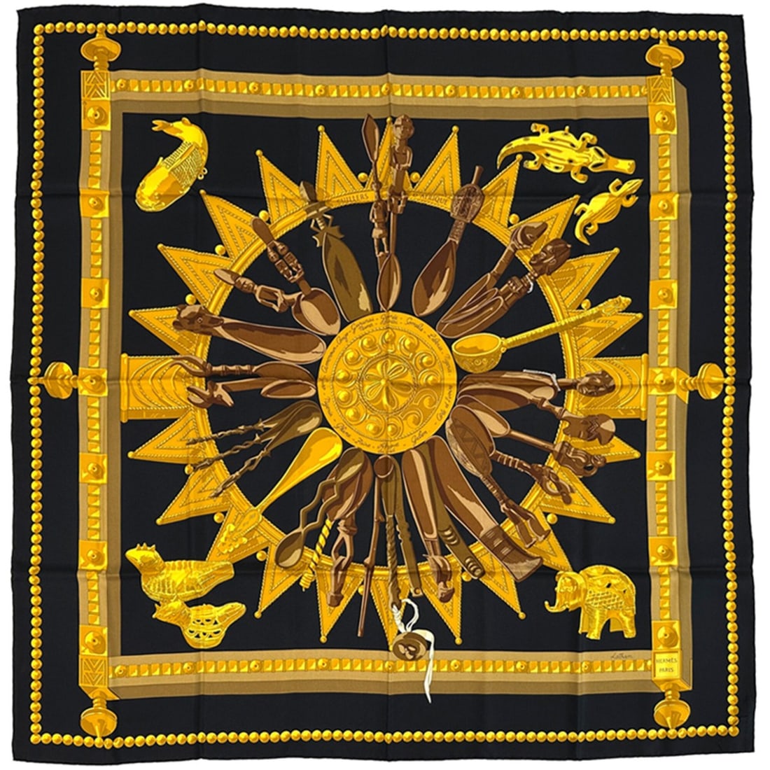 Hermes scarf/muffler, Carre 90, Cuillers D'AFRIQUE (African Spoons), women's, brand name, silk, (1 of 17)