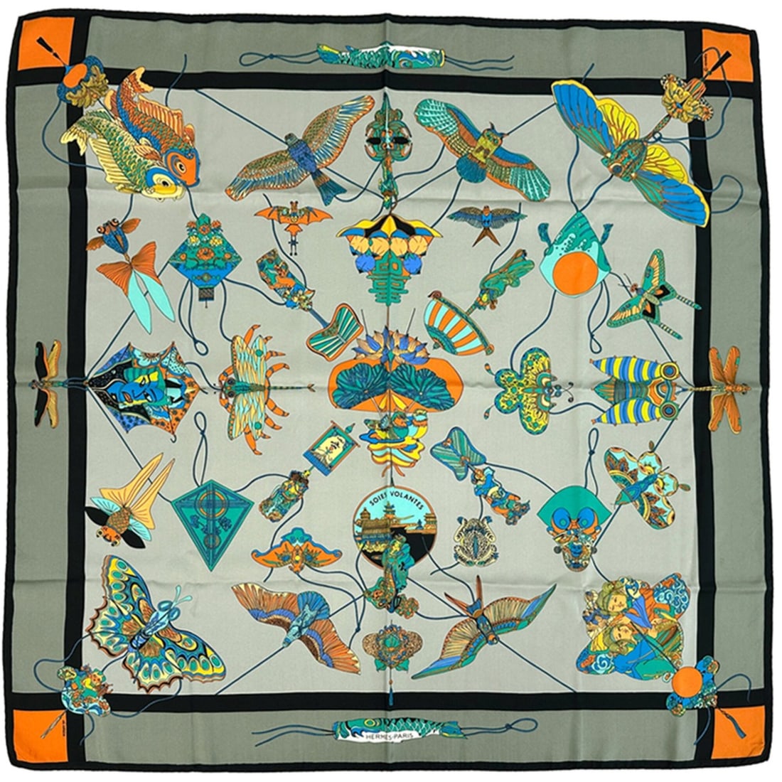 Hermes scarf/muffler, Carre 90 SOIES VOLANTES (Flying in the Sky), women's, silk, gray, black,: --- Catalog ---Category: SizeSize (LxW): 90cm x 90cm / 35.43'' x 35.43''Category: DesignType: ScarfColor: Black, Gray, Multi-colorGender: WomenMaterial: Silk Category: GeneralBrand: HermesCountry of O