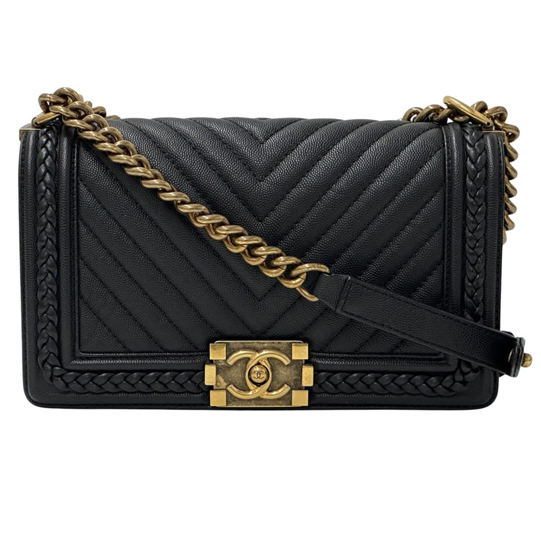 Chanel Boy V-stitch handbag for women, brand shoulder bag, soft caviar leather, black, chain strap.: --- Catalog ---Category: SizeSize (HxWxD): 15cm x 25cm x 6.5cm / 5.9'' x 9.84'' x 2.55''Category: DesignType: Handbag, Shoulder bagColor: BlackGender: WomenMaterial: Grained Calfskin Category: General