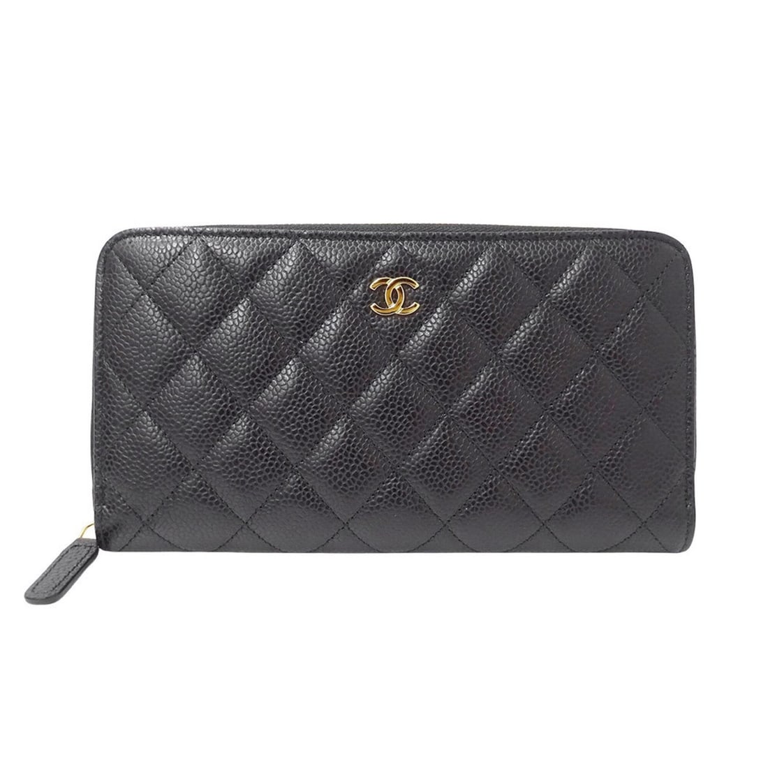 Chanel women's wallet, brand name, long Matelassé caviar leather, black, gold hardware, round: --- Catalog ---Category: SizeSize (HxWxD): 11cm x 19cm x 2.5cm / 4.33'' x 7.48'' x 0.98''Category: DesignColor: BlackGender: WomenMaterial: Grained Calfskin Category: GeneralBrand: ChanelCountry of Or