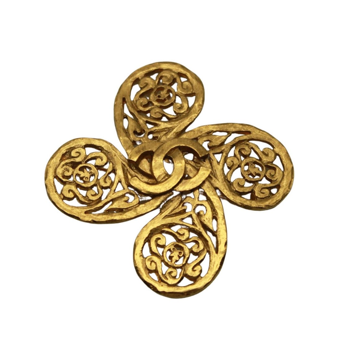 Chanel brooch for women, brand name, metal, Coco Mark, gold, flower.: --- Catalog ---Category: SizeCharm Size: 5.5cm x 5.5cm / 2.17'' x 2.17''Category: DesignType: BroochColor: GoldGender: WomenMaterial: MetalCategory: GeneralBrand: ChanelCountry of Origin: France--- It