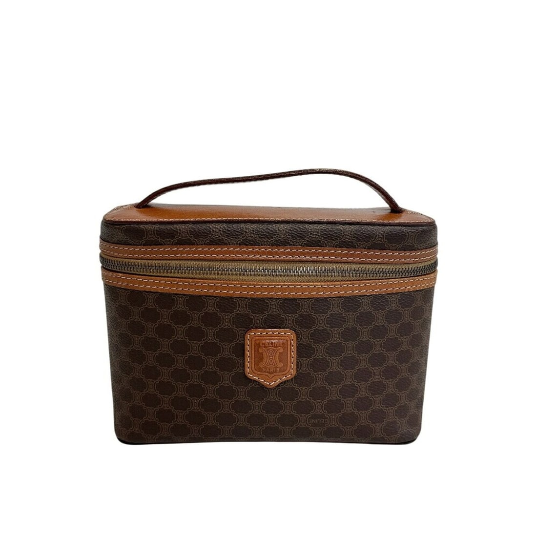 CELINE Celine Pouch Vanity Handbag Macadam Brown: --- Catalog ---Category: SizeSize (HxWxD): 15.5cm x 21.5cm / 6.1'' x 8.46''Handle Length: 3cm / 1.18''Category: DesignType: HandbagColor: BrownGender: WomenMaterial: PVC , Leather Hardware Color: