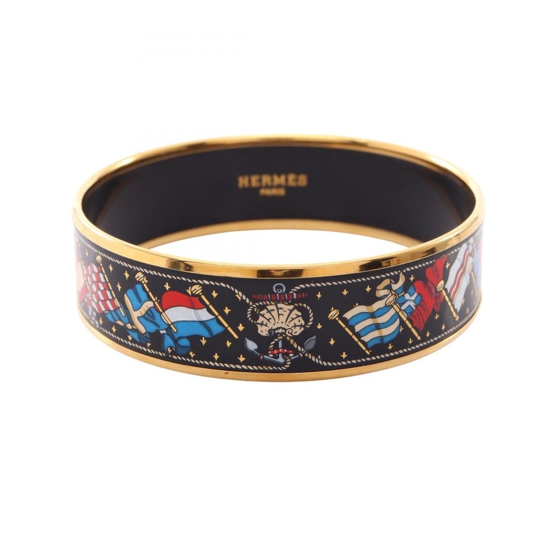 Hermes EMAGLE GM Bangle Accessory, Gold Plated (GP), Cloisonné Enamel, Women's, Black/Gold Tones,: --- Catalog ---Category: DesignType: BangleColor: Black, Gold, Multi-colorGender: WomenMaterial: Cloisonné/enamel, Gold platingCategory: GeneralBrand: Hermes--- Item List ---Section: ConditionRanking