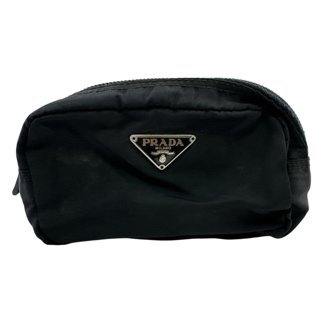 PRADA Triangle Nylon Pouch, Black: --- Catalog ---Category: SizeSize (HxWxD): 10cm x 13.5cm / 3.93'' x 5.31''Category: DesignType: PouchColor: BlackGender: WomenMaterial: Nylon Category: GeneralBrand: Prada--- Item List ---Section: