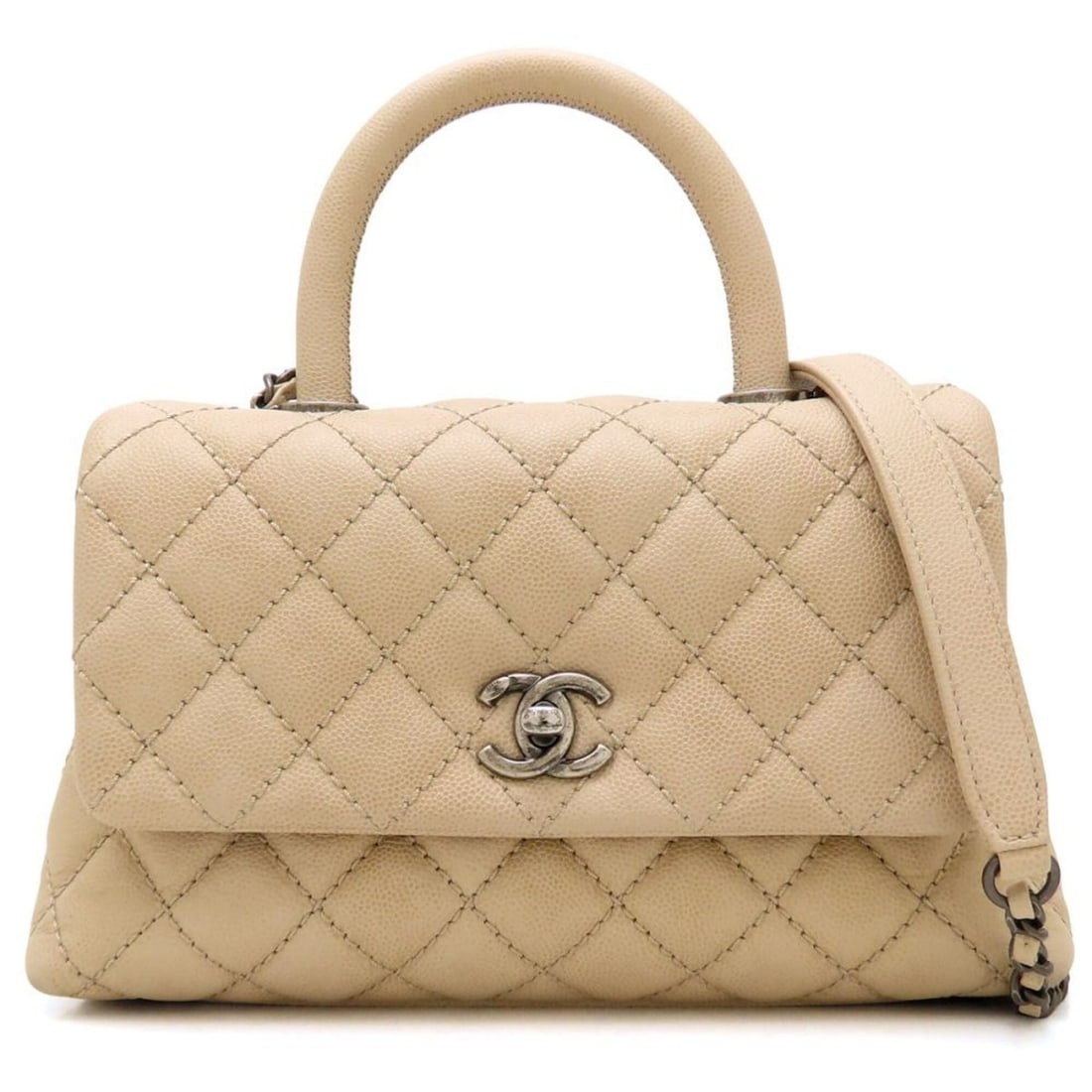 CHANEL Coco Handle 24 XS Matelassé A92990 Handbag with Shoulder Strap, Caviar Leather, Beige,: --- Catalog ---Category: SizeSize (HxWxD): 14cm x 24cm x 9cm / 5.51'' x 9.44'' x 3.54''Category: DesignType: Handbag, Shoulder bagColor: BeigeGender: WomenMaterial: Grained Calfskin Category: GeneralL
