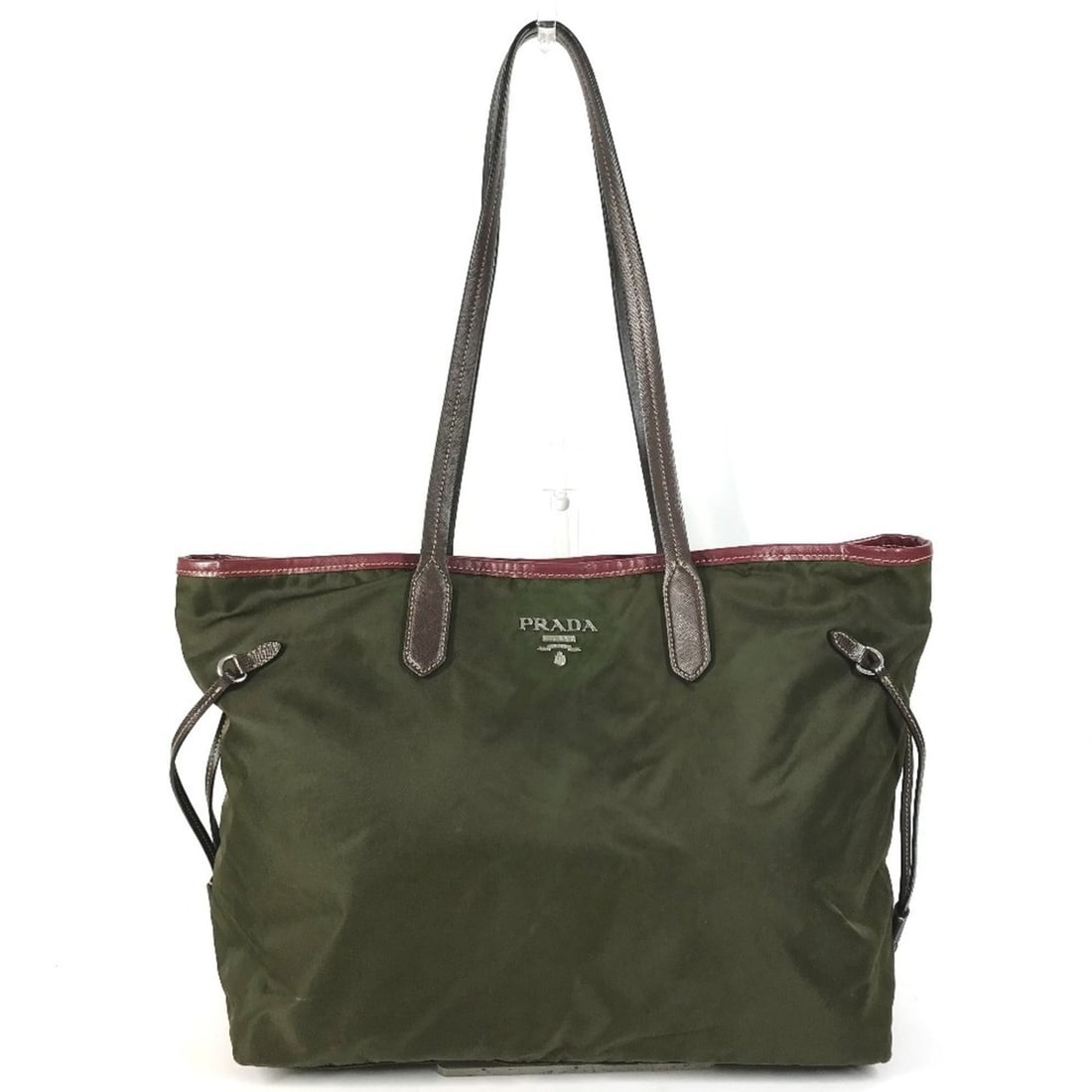 PRADA Triangle Logo Tote Bag/Shoulder Bag, Leather/Nylon, Khaki (Men's/Women's): --- Catalog ---Category: SizeSize (HxWxD): 29cm x 34cm x 13cm / 11.41'' x 13.38'' x 5.11''Category: DesignType: Shoulder bag, Tote bagColor: Khaki, Red colorGender: Men,Women,UnisexMaterial: Leather ,