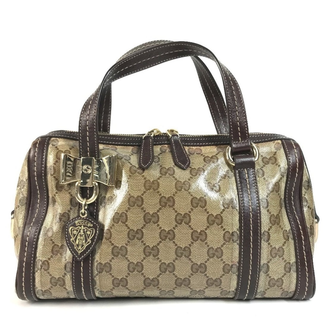 GUCCI 181487 GG Logo Crystal Mini Boston Bag with Ribbon Hysteria Handbag, Leather Coated Canvas, (1 of 17)