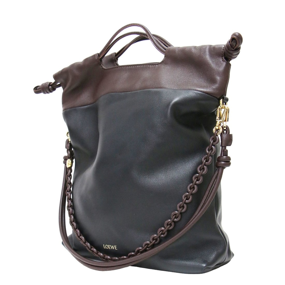 LOEWE Flamenco Purse Tote Melona Palam Shoulder Bag Crossbody Chain Leather Black Brown Women's: --- Catalog ---Category: SizeSize (HxWxD): 37cm x 33cm x 10cm / 14.56'' x 12.99'' x 3.93''Category: DesignType: Shoulder bagColor: Black, BrownGender: WomenMaterial: Leather Category: GeneralBrand: Lo