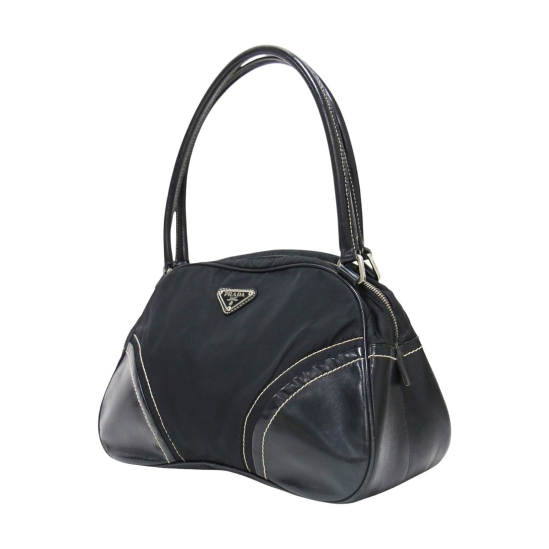 PRADA bag, black nylon and leather, mini Boston handbag, shoulder triangle stitch, for women. (1 of 7)