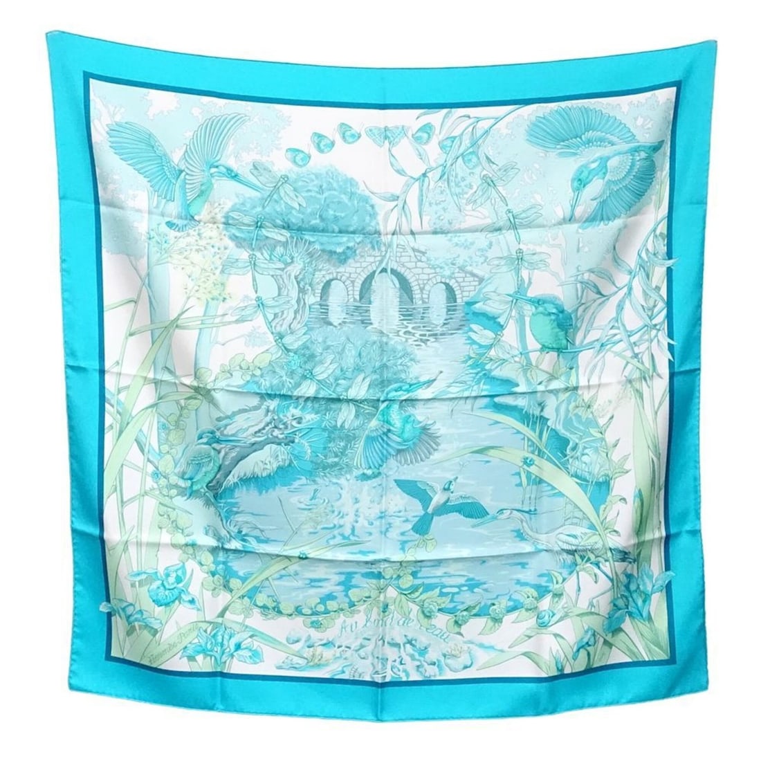 HERMES scarf/muffler, Carre 90, "Au bord de l’eau" (By the River), silk, multicolor, women's,: --- Catalog ---Category: SizeSize (LxW): 90cm x 90cm / 35.43'' x 35.43''Category: DesignType: ScarfColor: Multi-colorGender: WomenMaterial: Silk Category: GeneralBrand: Hermes--- Item List