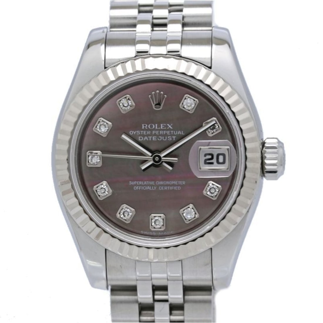 ROLEX Datejust 10P Diamond 179174NG Women's Watch SSx18KWG 40585: --- Catalog ---Category: SizeWrist Size: 16.5cm / 6.49''Case Diameter: 26mm / 1.02''Category: DesignType: WristwatchGender: WomenColor (Dial): Black shellMaterial (Band): Stainless steel, White gold