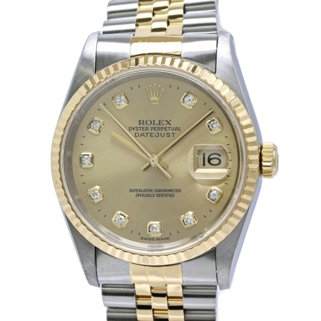 ROLEX Datejust 10P Diamond 16233G Men's Watch SSx18K Yellow Gold 40586: --- Catalog ---Category: SizeWrist Size: 19.5cm / 7.67''Case Diameter: 36mm / 1.42''Category: DesignType: WristwatchGender: MenColor (Dial): ChampagneMaterial (Band): Stainless steel, Yellow gold