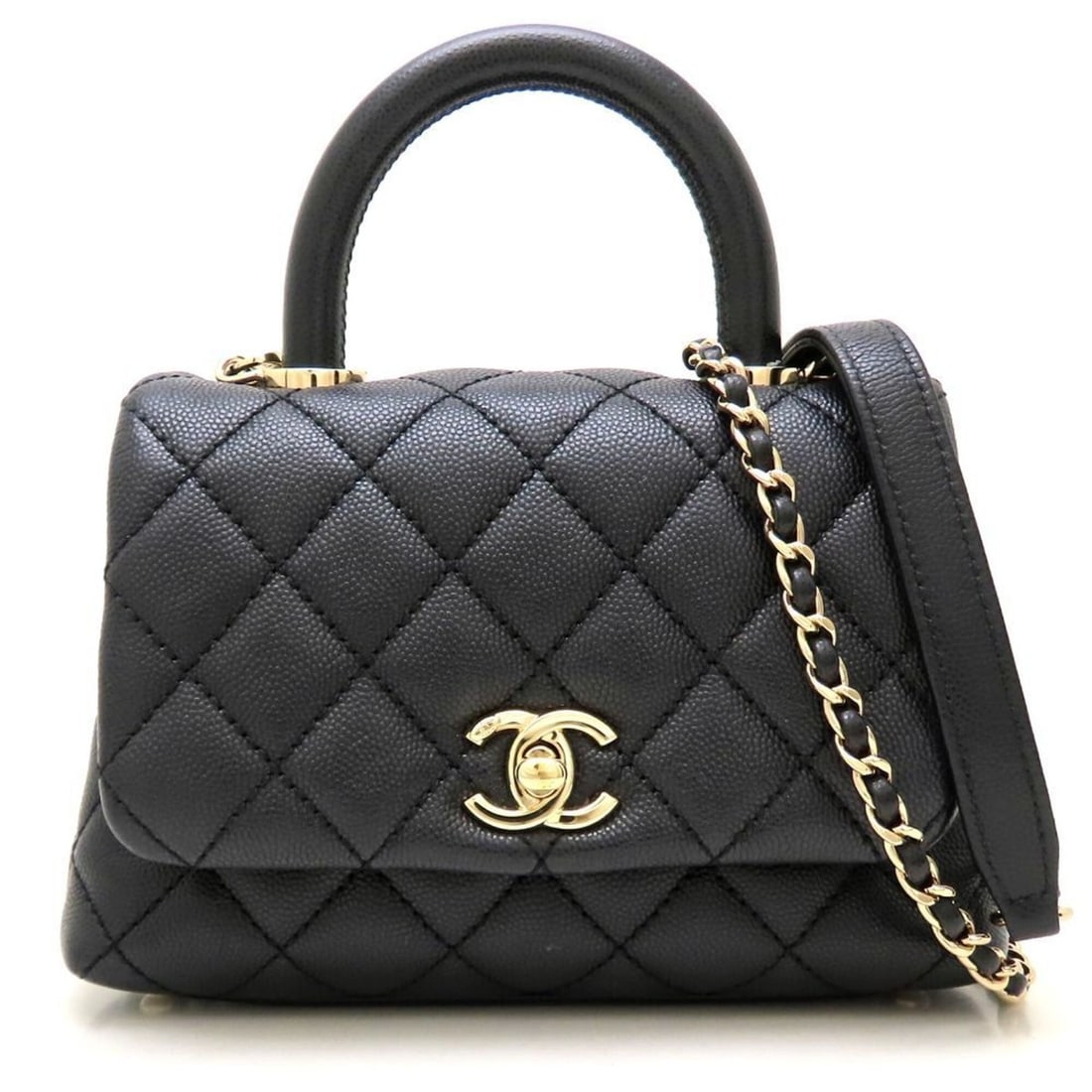 CHANEL Coco Handle 19 XXS Matelassé AS2215 Handbag with Shoulder Strap, Caviar Leather, Black, (1 of 20)