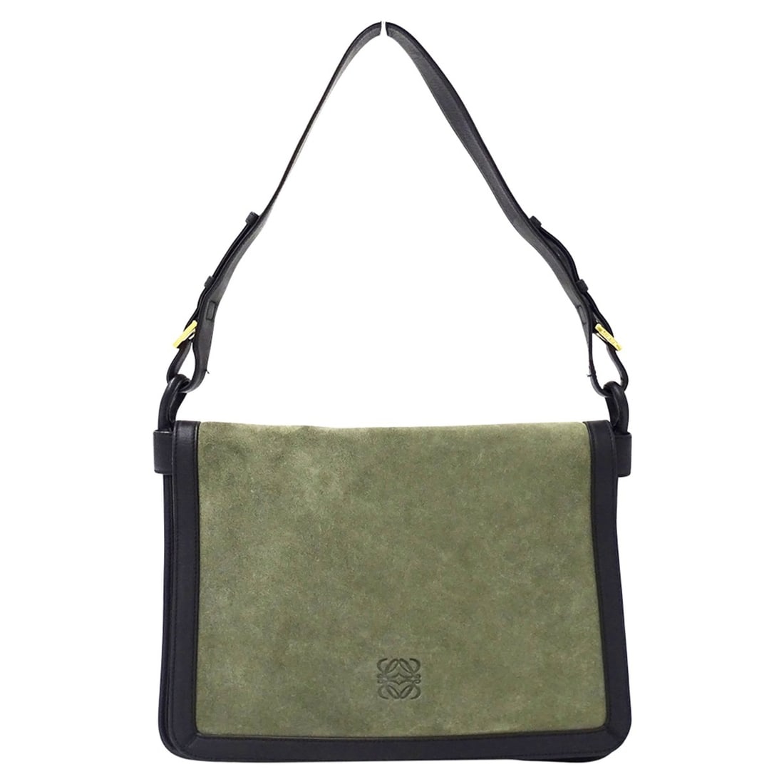 Loewe handbag for women, brand shoulder bag, suede, green and black, Anagram design, one-shoulder: --- Catalog ---Category: SizeSize (HxWxD): 24.5cm x 33cm x 2cm / 9.64'' x 12.99'' x 0.78''Category: DesignType: Handbag, Shoulder bagColor: Black, GreenGender: WomenMaterial: Suede Category: GeneralBr