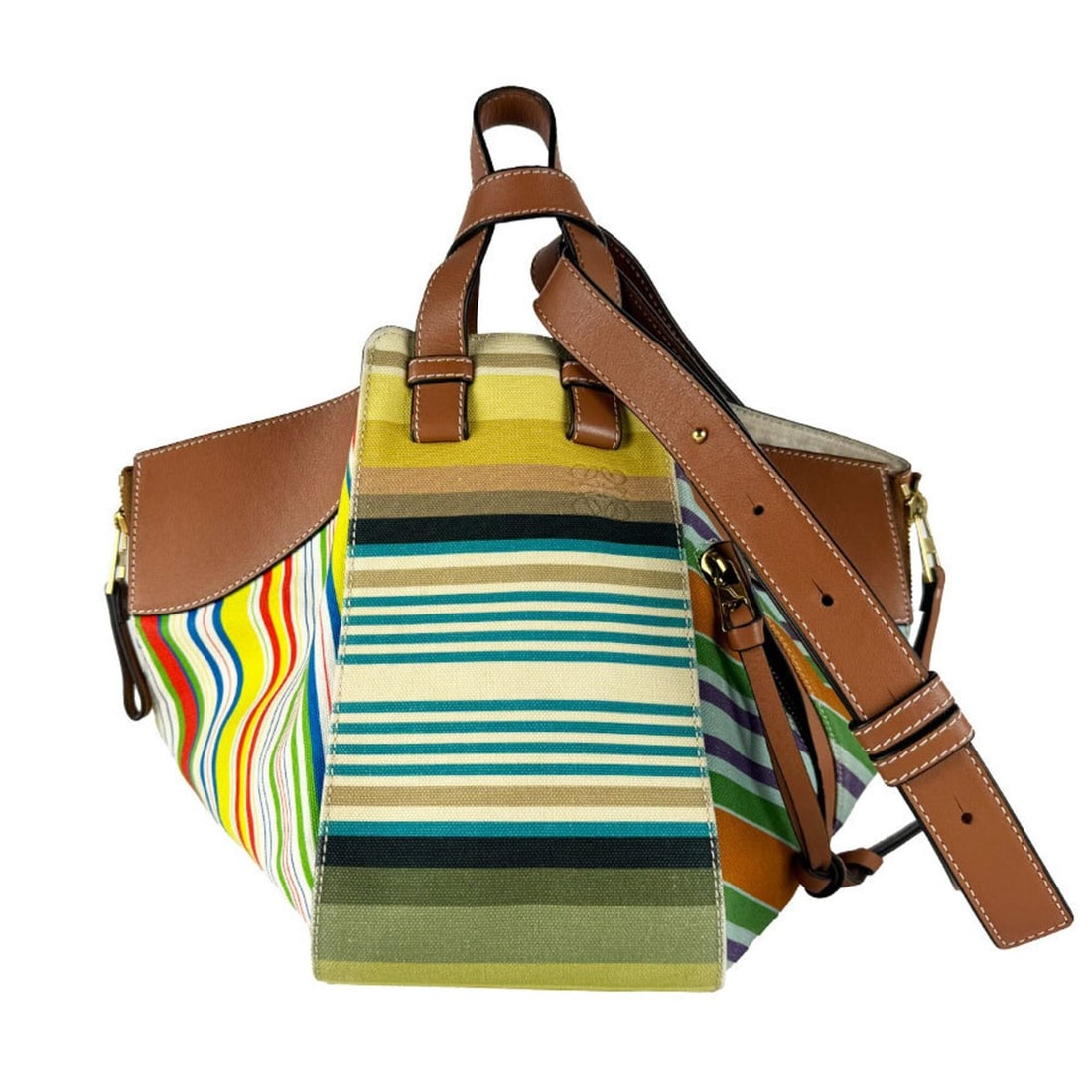 Loewe Hammock Shoulder Bag, Canvas and Leather, Brown Multicolor, Women's, z10845: --- Catalog ---Category: SizeSize (HxWxD): 22cm x 28cm x 16cm / 8.66'' x 11.02'' x 6.29''Category: DesignType: Shoulder bagColor: Brown, Multi-colorGender: WomenMaterial: Canvas , Leather Category: Ge