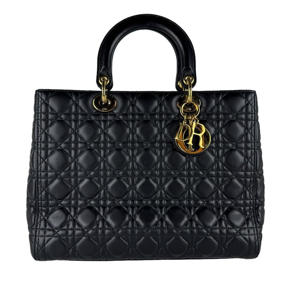 Christian Dior Lady Large Lambskin Handbag/Shoulder Bag, Black & Gold, Women's (z10830): --- Catalog ---Category: SizeSize (HxWxD): 24cm x 32cm x 12cm / 9.44'' x 12.59'' x 4.72''Category: DesignType: Handbag, Shoulder bagColor: BlackGender: WomenMaterial: Leather Leather/Fur Type: Lambski