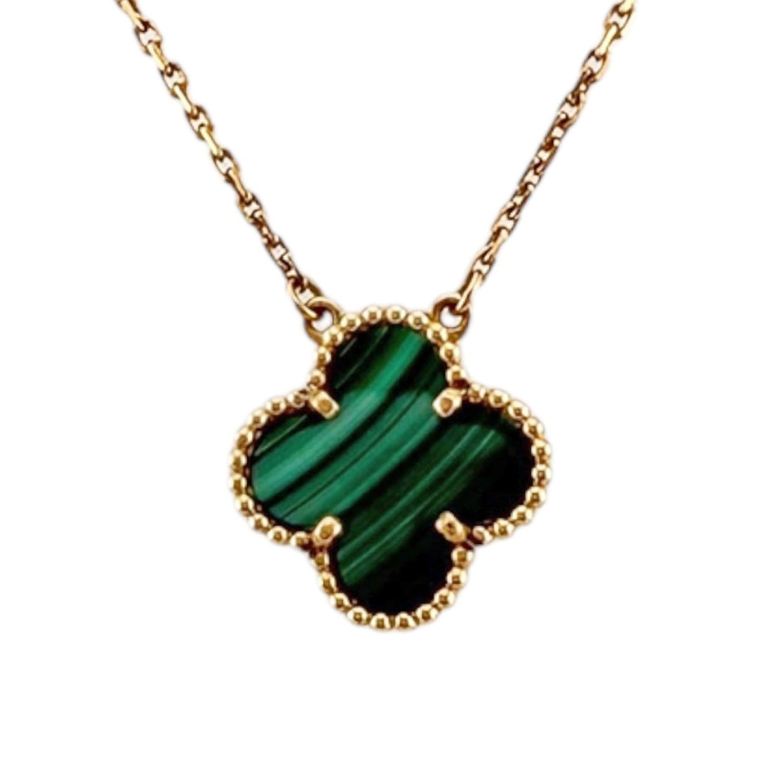 Van Cleef & Arpels Vintage Enhambra Necklace, 18K Yellow Gold Malachite, Ladies' Clover Design: --- Catalog ---Category: SizePendant Size: 14.5mm x 14.5mm / 0.57'' x 0.57''Neck Circumference: 41.5 cm / 16.33''Category: DesignGender: WomenMaterial: Yellow gold (18K)Necklace Type: NecklaceCategory