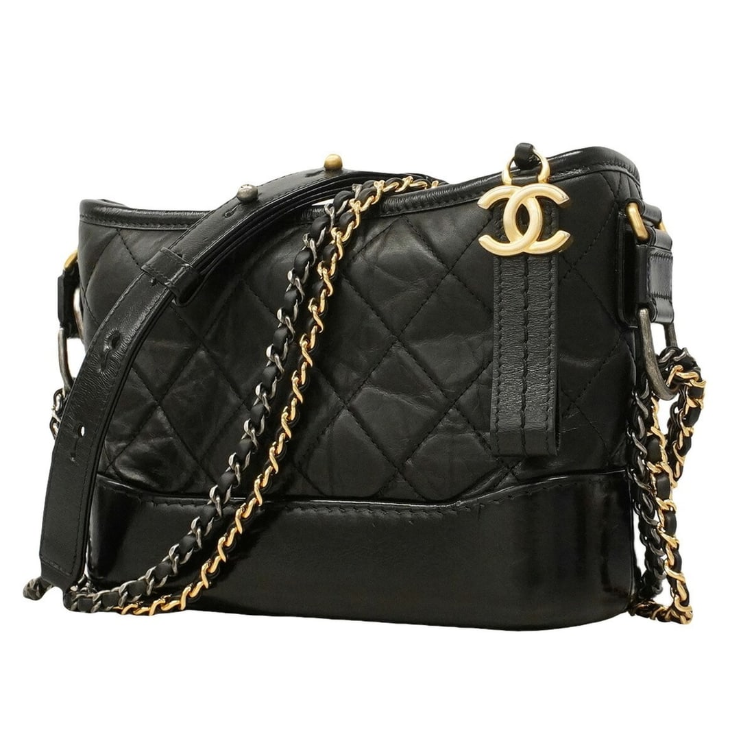 Chanel Shoulder Bag, Double Chain, Gabrielle, Leather, Black & Gold, Women's, OP020966: --- Catalog ---Category: SizeSize (HxWxD): 15cm x 20cm x 8cm / 5.9'' x 7.87'' x 3.14''Category: DesignType: Shoulder bagColor: BlackGender: WomenMaterial: Leather Hardware Color: Gold, SilverCategory: