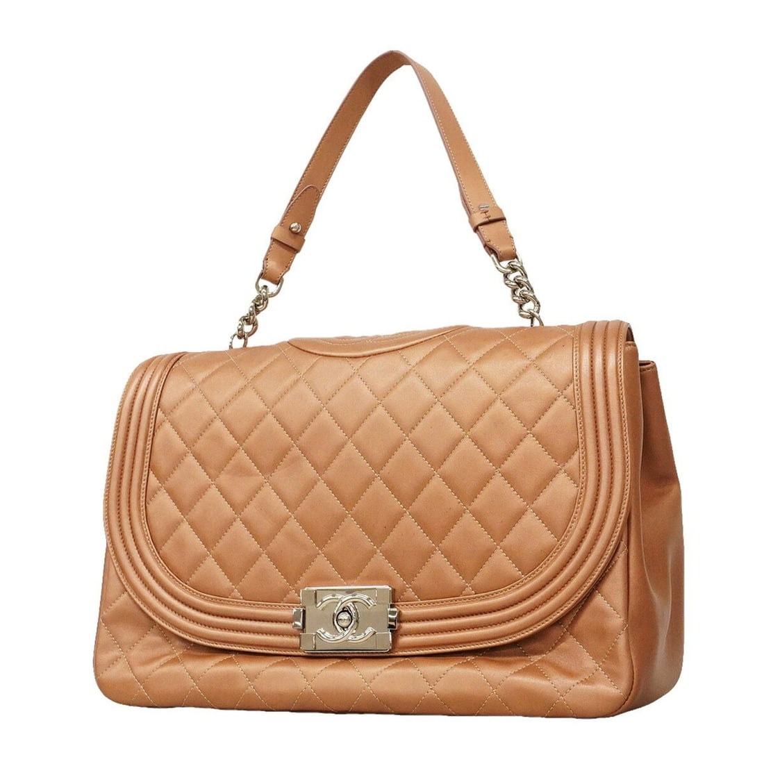 Chanel Boy Handbag, Lambskin, Pink Beige, Women's, OP015761: --- Catalog ---Category: SizeSize (HxWxD): 25cm x 34cm x 14.5cm / 9.84'' x 13.38'' x 5.7''Category: DesignType: HandbagColor: Pink beigeGender: WomenMaterial: Leather Hardware Color: SilverLeather/Fur