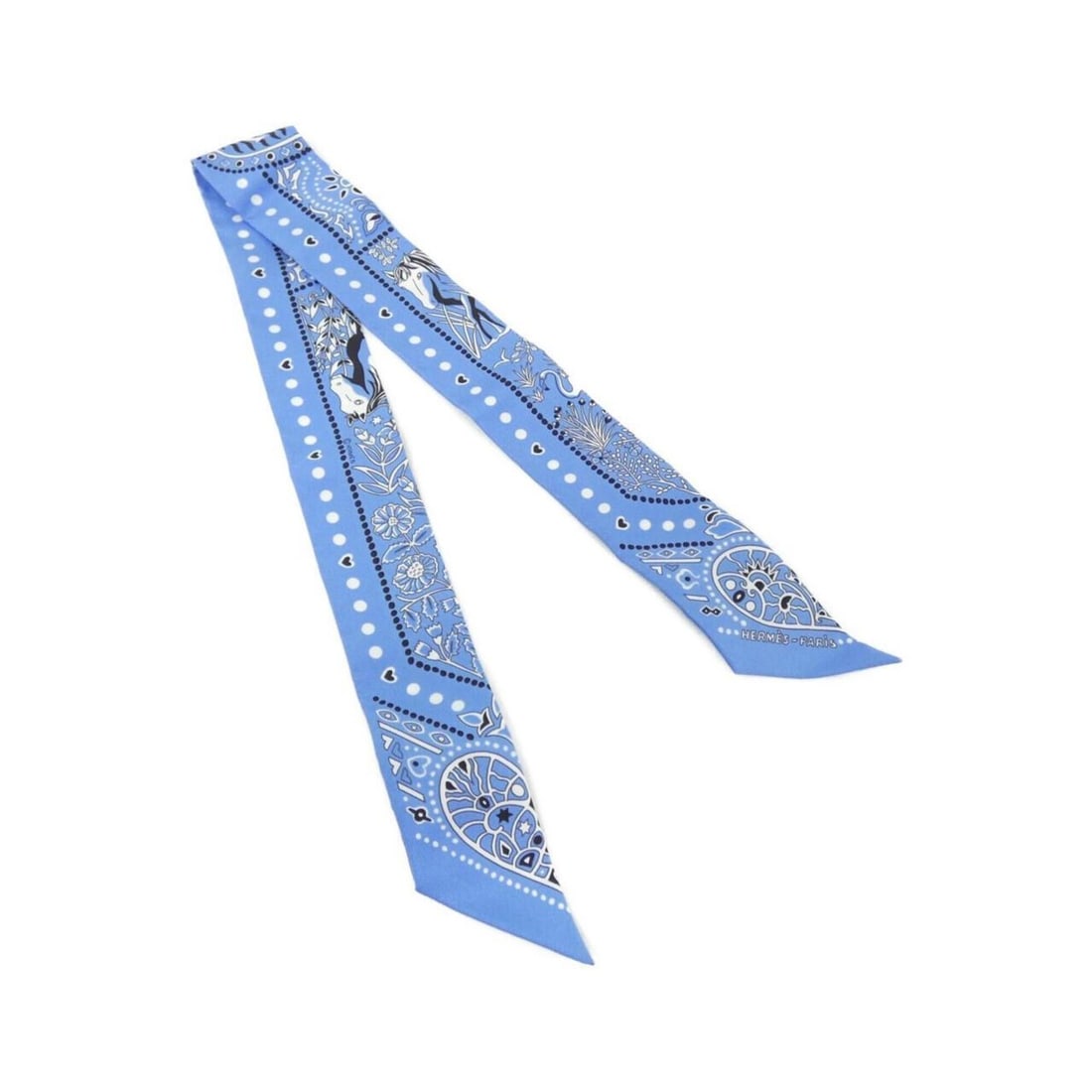 Hermes ENTRE CIEL ET MER BANDANA Twilly Scarf Muffler 063017S: --- Catalog ---Category: SizeSize (LxW): 5cm x 86cm / 1.96'' x 33.85''Category: DesignType: BandanaColor: Black, WhiteGender: Men,WomenMaterial: Silk Category: GeneralMPN: 063017SBrand: Hermes---