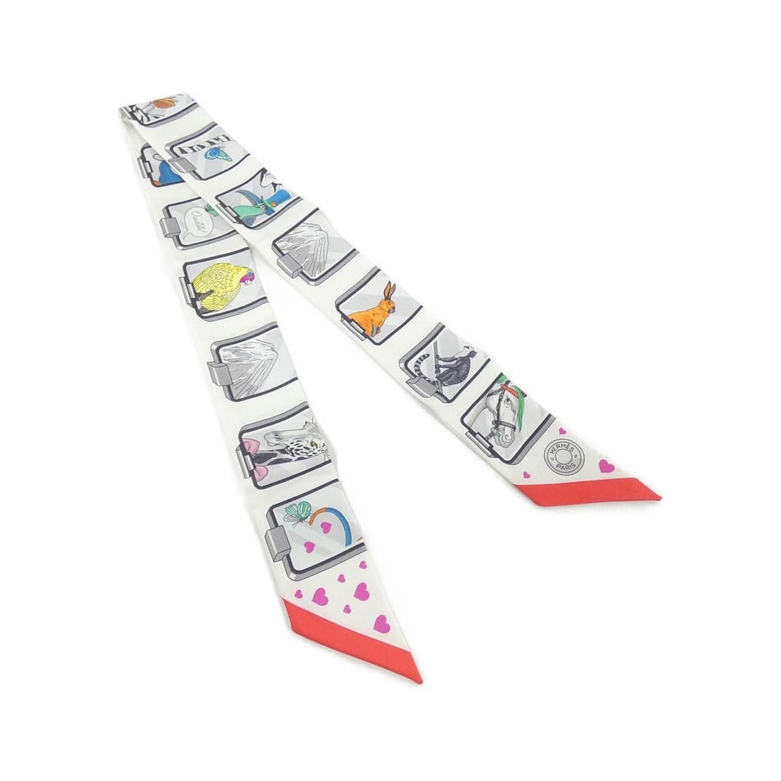 Hermes HERMES STORY Twilly 063875S Scarf Muffler: --- Catalog ---Category: SizeSize (LxW): 5cm x 86cm / 1.96'' x 33.85''Category: DesignType: ScarfColor: WhiteGender: Men,WomenMaterial: Silk Category: GeneralMPN: 063875SBrand: Hermes--- Item List