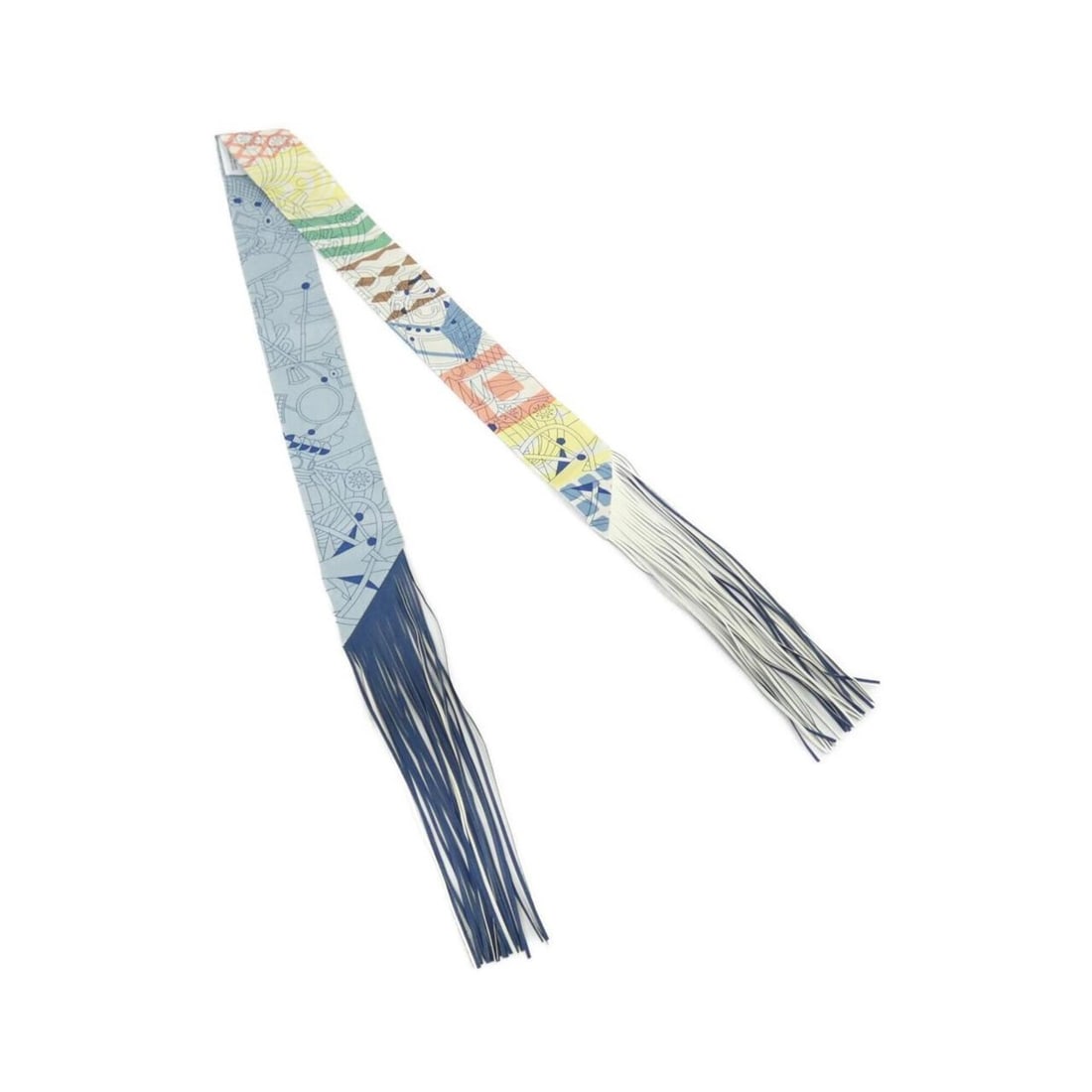 Hermes Twilly au Block 064127S Scarf Muffler: --- Catalog ---Category: SizeSize (LxW): 5cm x 1.21m / 1.96'' x 47.63''Category: DesignType: ScarfColor: BlueGender: Men,WomenMaterial: Silk , Leather Leather/Fur Type: Lamb leatherCategory: GeneralMP
