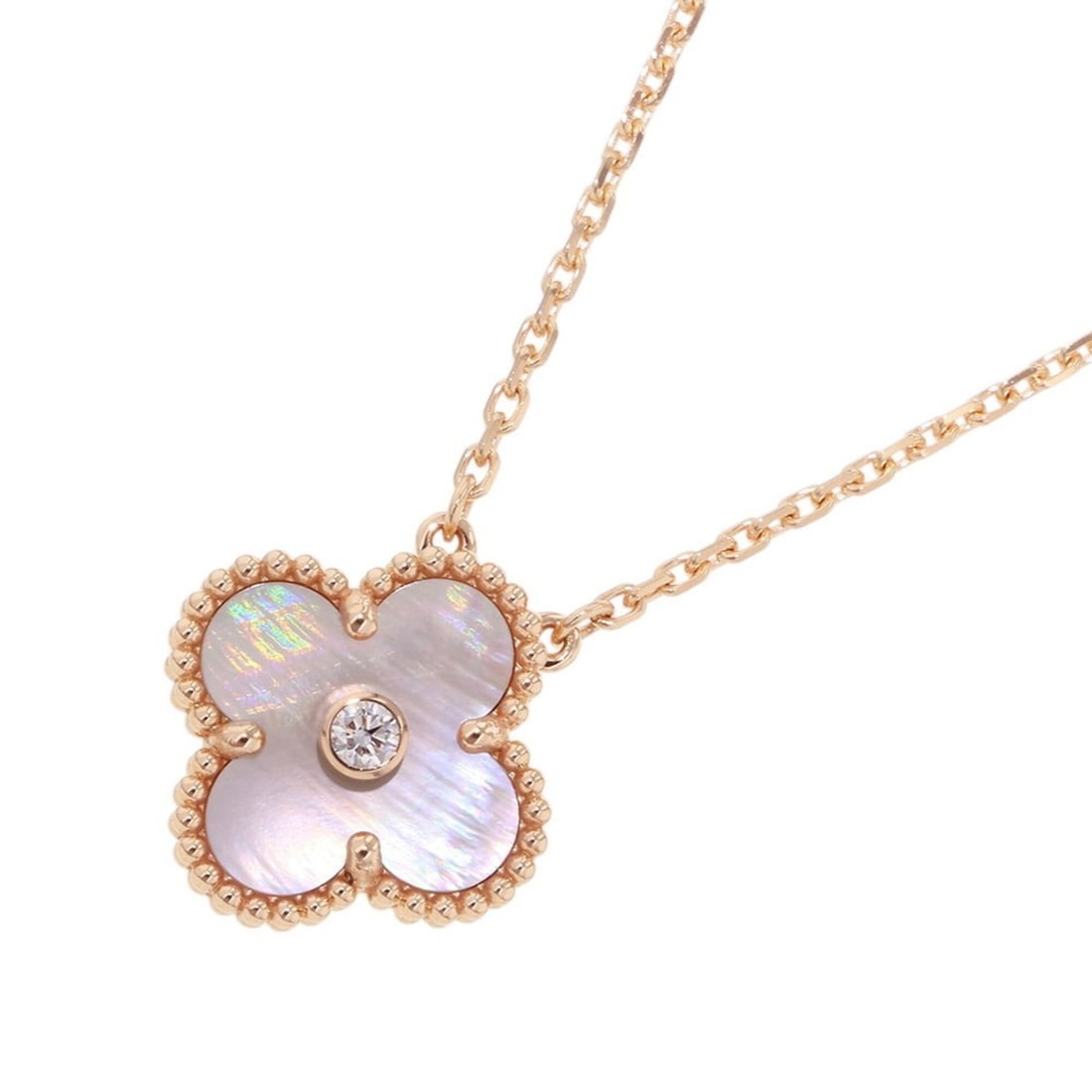 Van Cleef & Arpels Alhambra Necklace, Pink Mother-of-Pearl, 1 Diamond, 18K Gold (VCARPMOP00), 2025: --- Catalog ---Category: SizePendant Size: 14.8mm x 14.8mm / 0.58'' x 0.58''Neck Circumference: 41 cm / 16.14''Category: DesignColor: PinkGender: WomenMaterial: Pink goldNecklace Type: NecklaceCategor