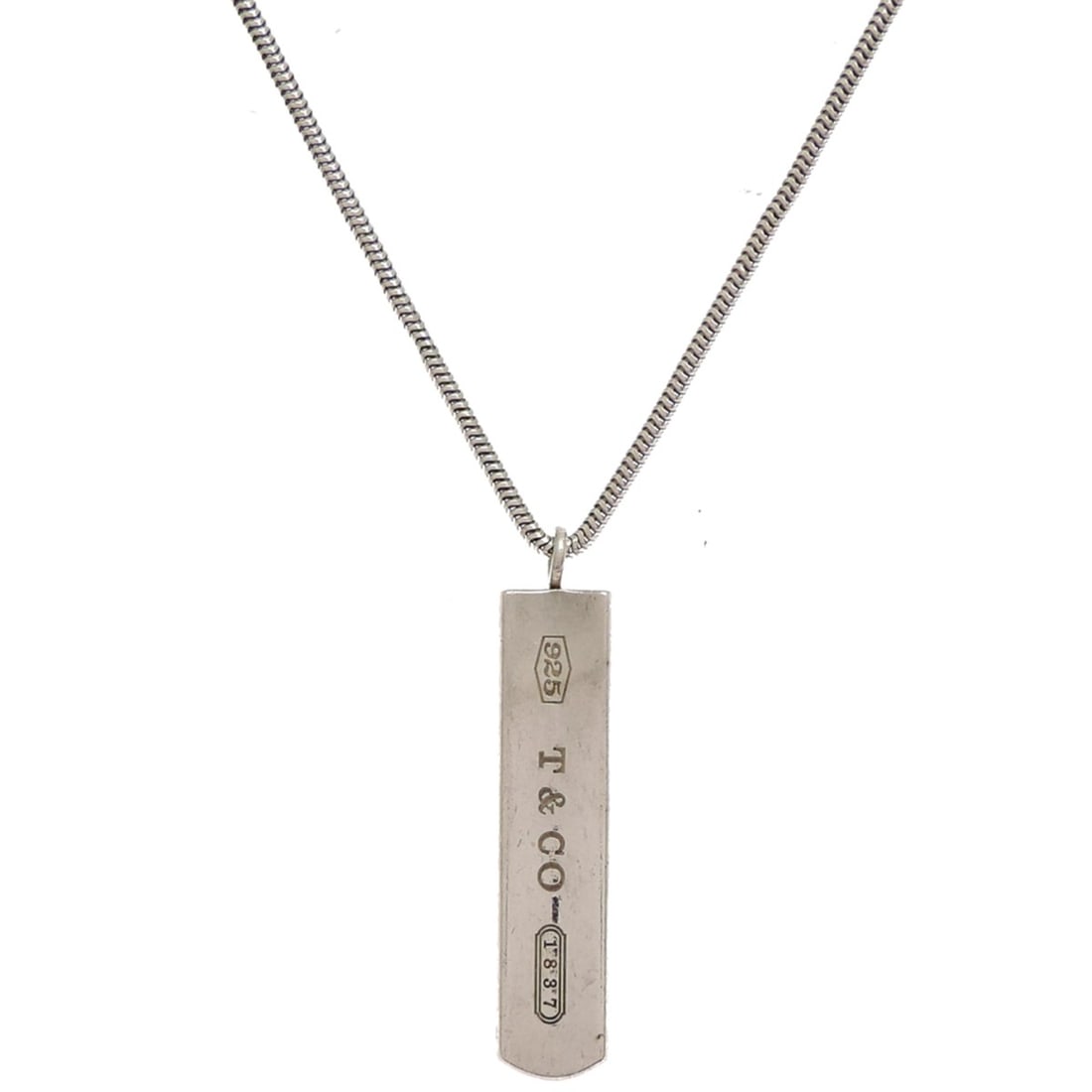 Tiffany & Co. 1837 Bar Pendant Necklace for Women and Men, Sterling Silver 925: --- Catalog ---Category: SizePendant Size: 40.7mm x 8.3mm / 1.6'' x 0.32''Neck Circumference: 46 cm / 18.11''Category: DesignGender: Men,WomenMaterial: Silver 925Necklace Type: NecklaceCategory: Gener