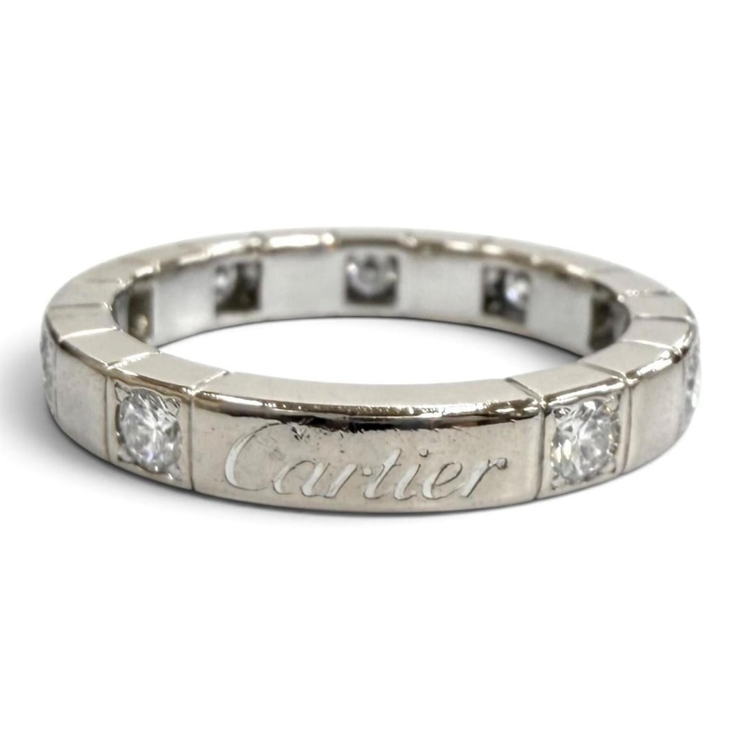 Cartier Lanieres 750 (WG) Half-Diamond Ring with 9 Diamonds and Logo, Size 49, Weight 4.9g, Women's,: --- Catalog ---Category: SizeUS Size: 5Brand Size: 49Category: DesignType: Band ringColor: White goldStone: DiamondGender: WomenMaterial: White gold (18K)Category: GeneralBrand: Cartier--- Item List -