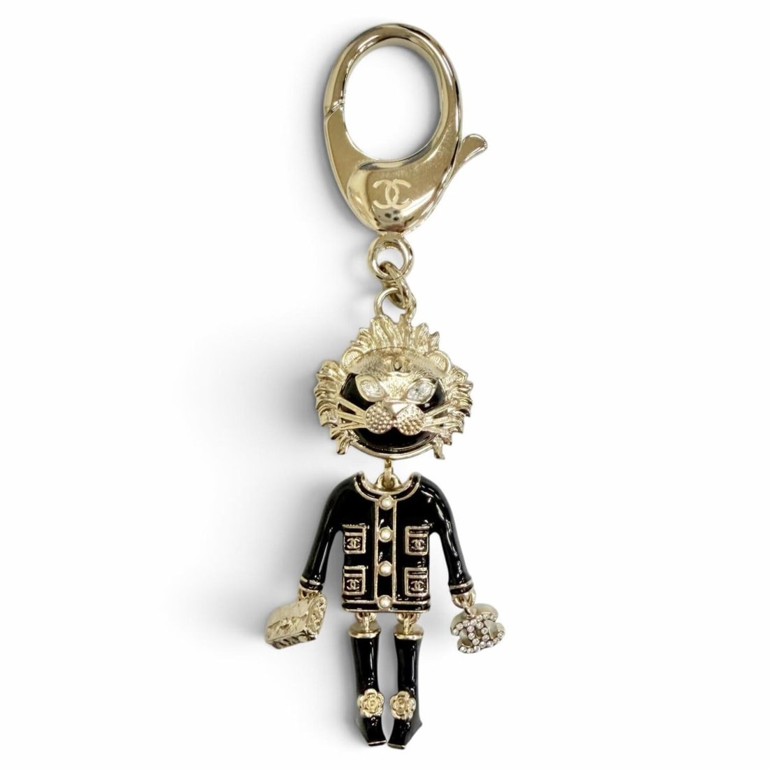 CHANEL B22P AB7960 Coco Mark Rhinestone Camellia Matelassé Bag Lion Motif Keychain Charm Gold Black (1 of 8)