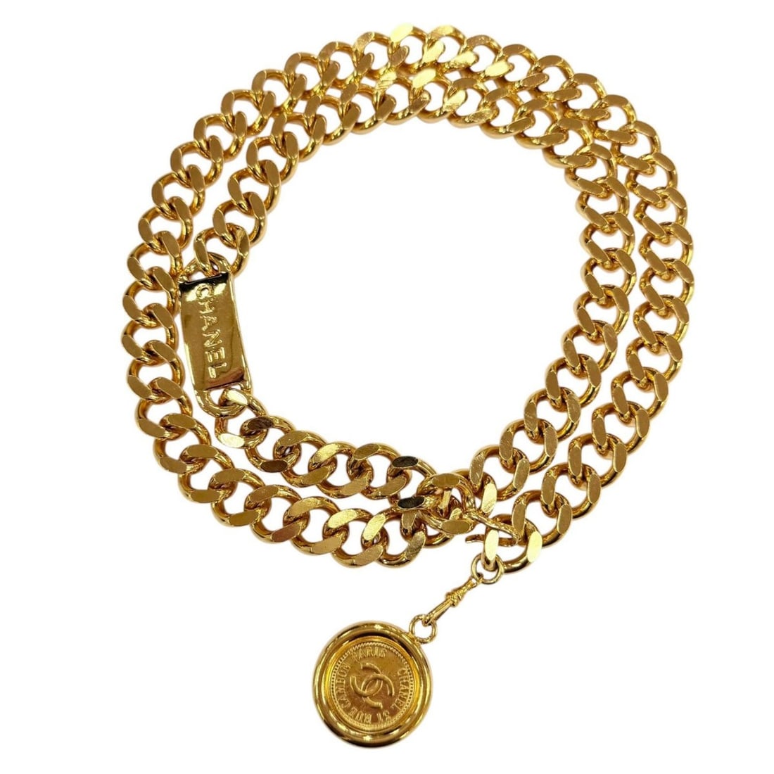 CHANEL Vintage 93A Metal Logo Plate & Coco Mark Coin Chain Belt, Gold, Women's, with Box: --- Catalog ---Category: SizeLength: 92cm / 36.22''Category: DesignType: Chain beltColor: GoldGender: WomenMaterial (Strap): Metal Category: GeneralMPN: 93ABrand: Chanel--- Item List ---Section: Condi