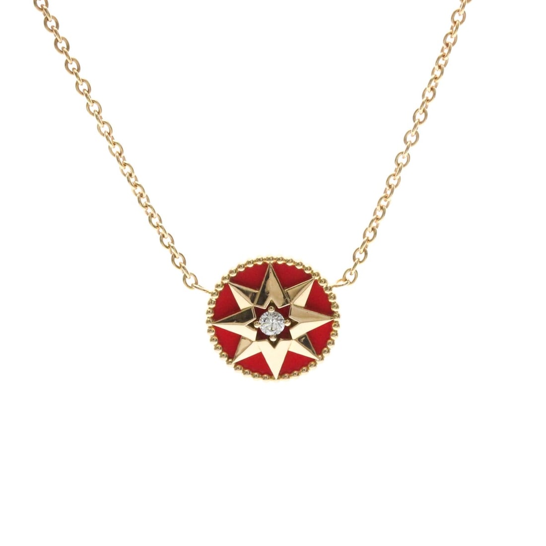 Christian Dior Rose De Vent Necklace Pink Gold (18K) Diamond,Carnelian Women,Men Fashion Necklace: --- Catalog ---Category: SizeWeight: 3.8g / 0.13oz.Pendant Size: 11.6mm x 11.6mm / 0.45'' x 0.45''Neck Circumference: 38 cm - 42 cm / 14.96'' - 16.53''Category: DesignColor: Pink goldMetal: GoldStone: